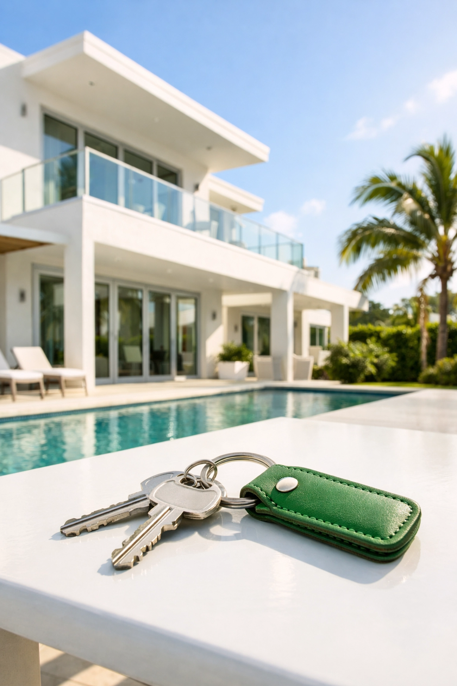 House keys in front of a modern St. Pete home, illustrating a successful Florida real estate investment.
