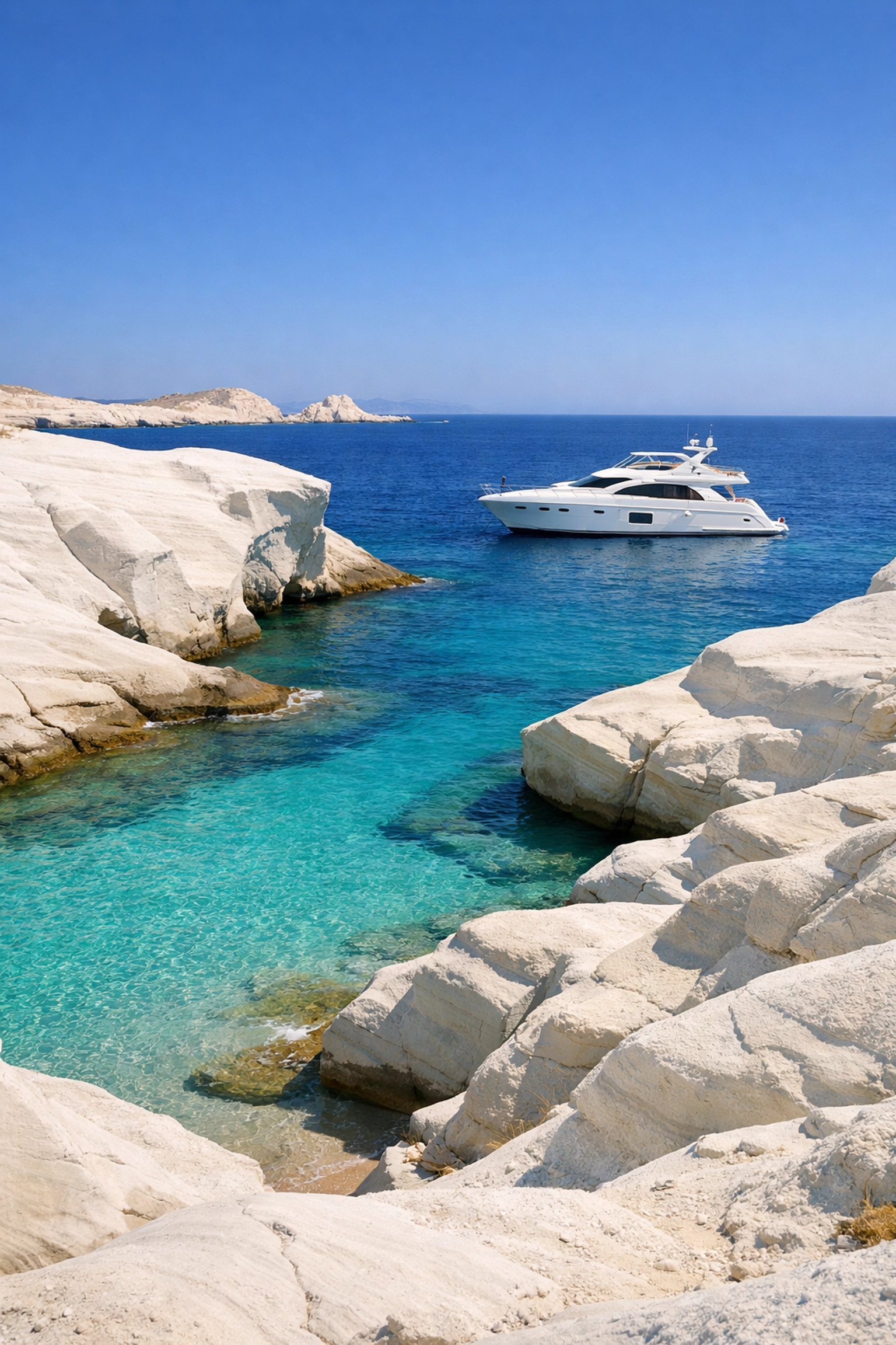 Private luxury yacht at Sarakiniko Beach in Milos, Greece, featuring white volcanic rocks and blue water.