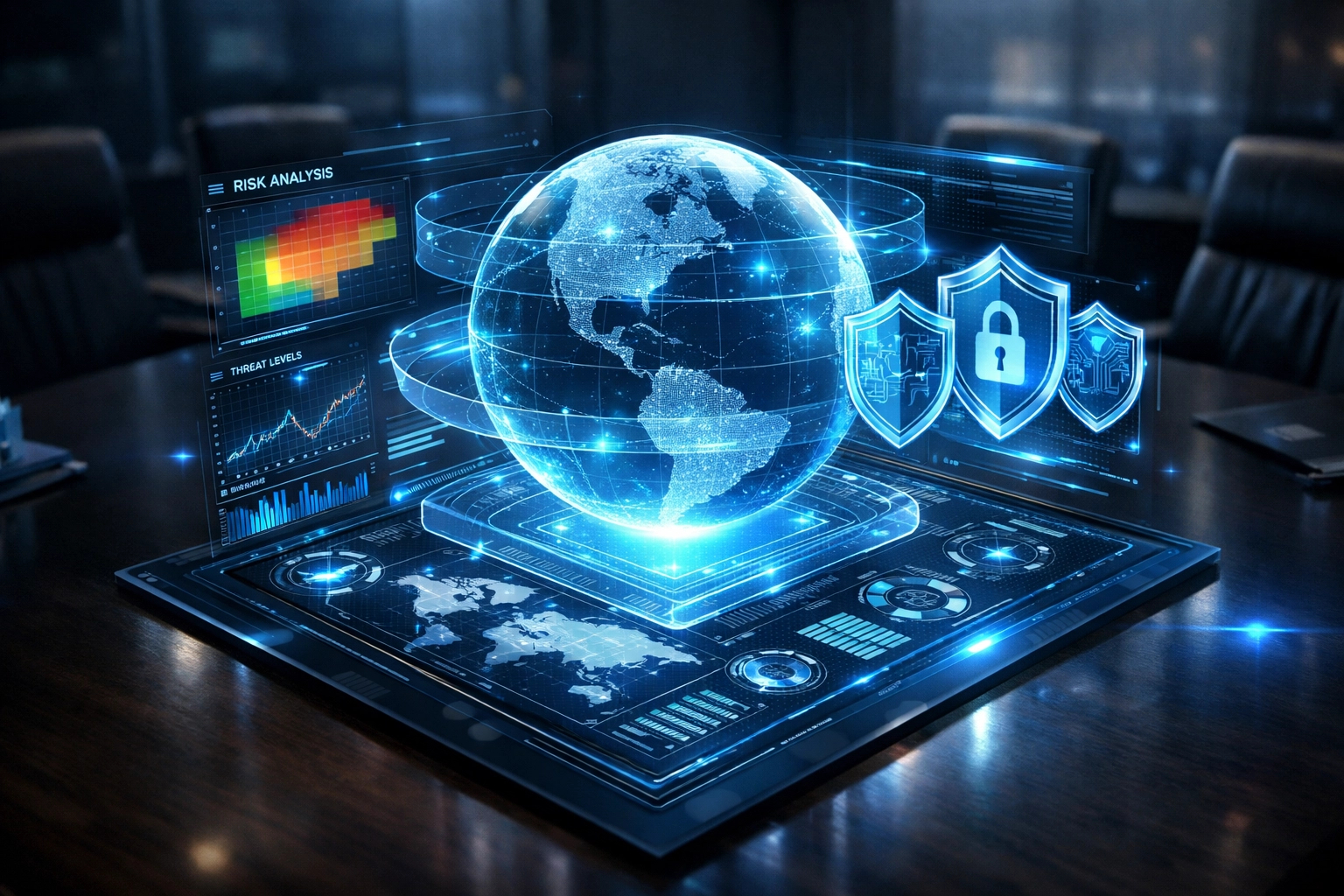 A futuristic holographic security dashboard in a boardroom showing global threat intelligence and risk management layers.