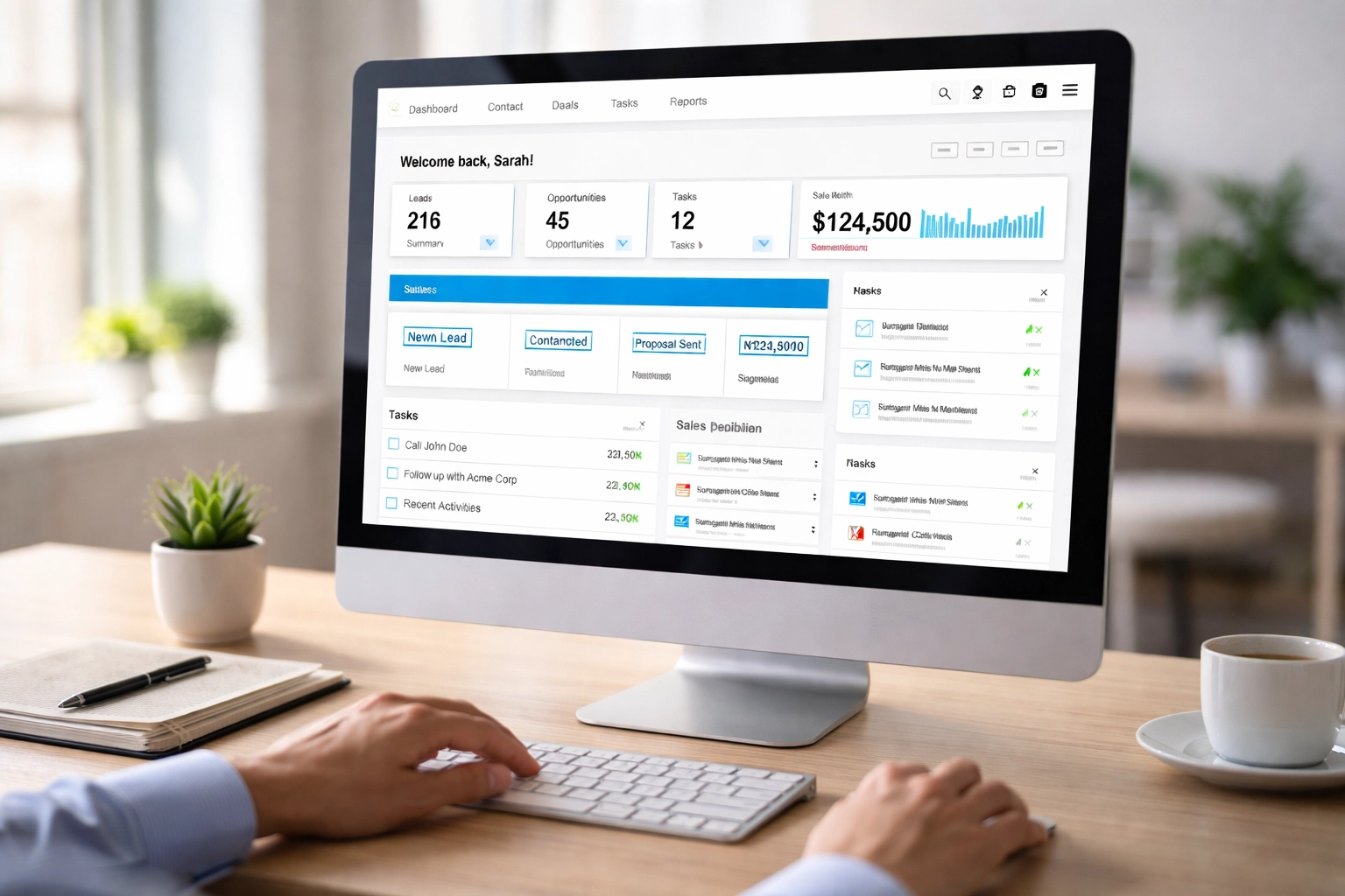 Clean office showing a Zoho CRM dashboard on a computer screen, demonstrating efficient CRM customization.