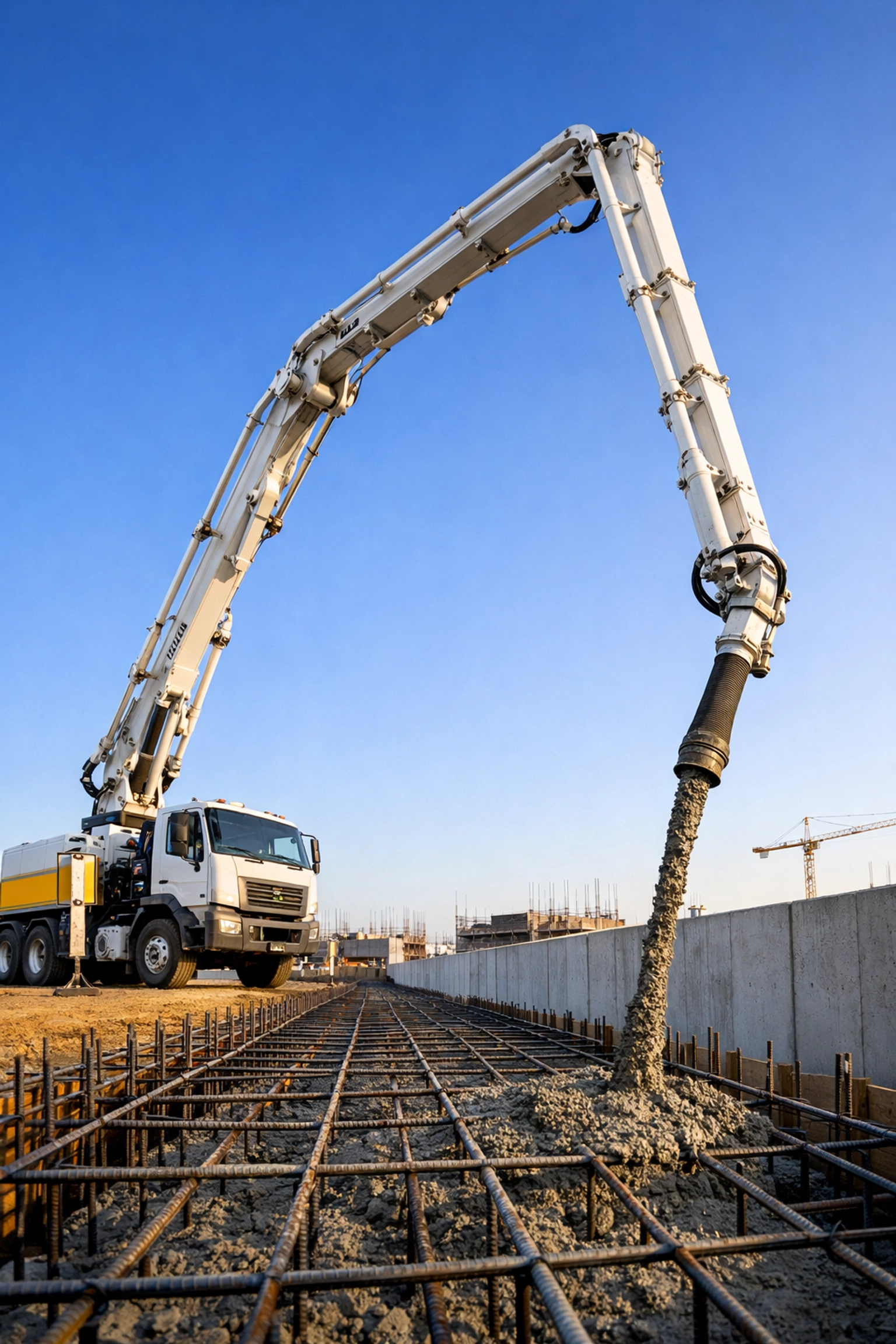 H&H Concrete pump truck delivering a precise concrete pour for a commercial foundation grid.