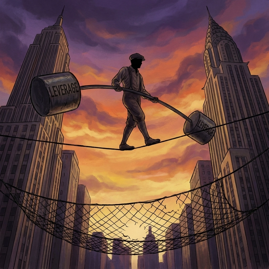 Tightrope walker balancing heavy leverage across skyscrapers at sunset, illustrating the risks of hedge fund leverage and complexity.