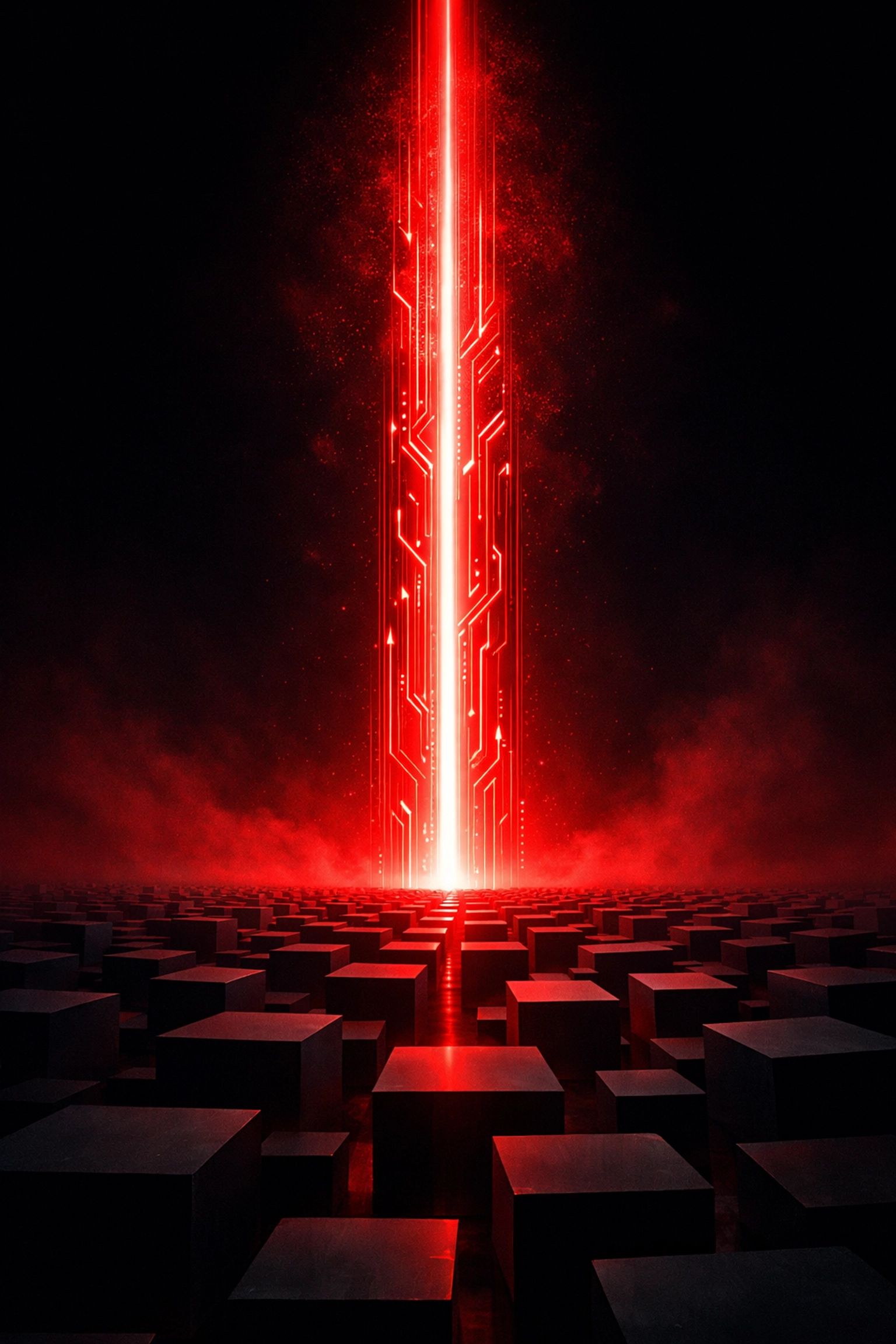 A glowing pillar rising above flat cubes, symbolizing vertical SEO and high-value digital content.