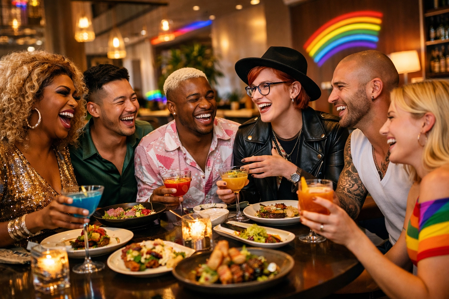 LGBTQ+ chosen family dining together at gay-friendly upscale restaurant