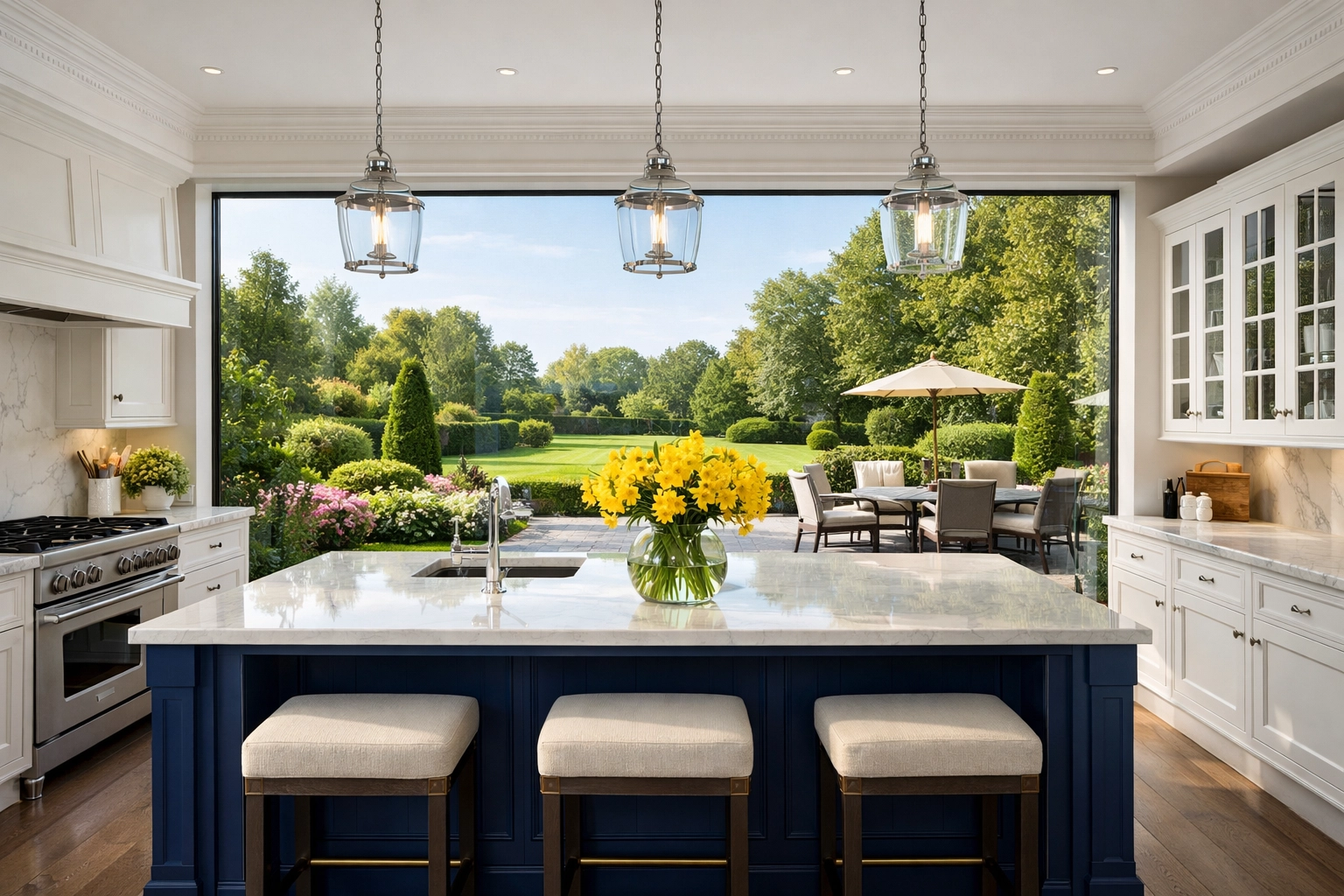 Flawlessly clean kitchen windows in a Lancaster MA home overlooking a lush garden during a bright morning.