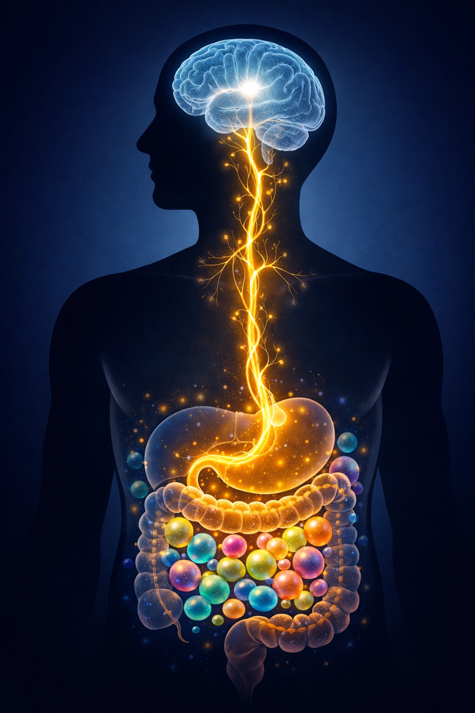 Illustration of the gut-brain axis showing the vagus nerve link between the brain and digestive system.