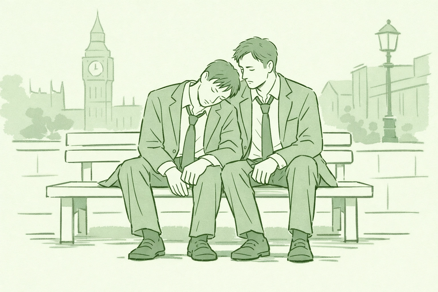 Two men in professional attire lean together on London bench in gay romance story