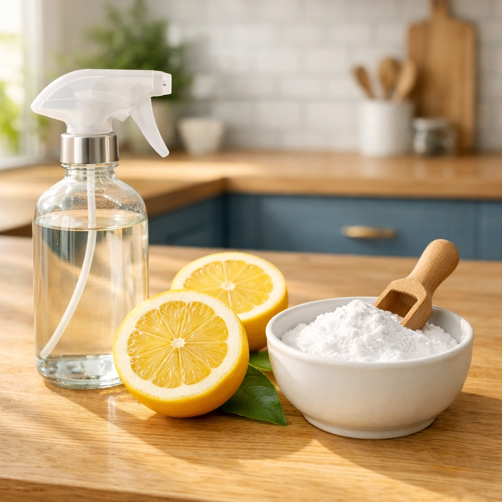 Natural eco-friendly house cleaning MA supplies like lemon and baking soda in a bright kitchen.
