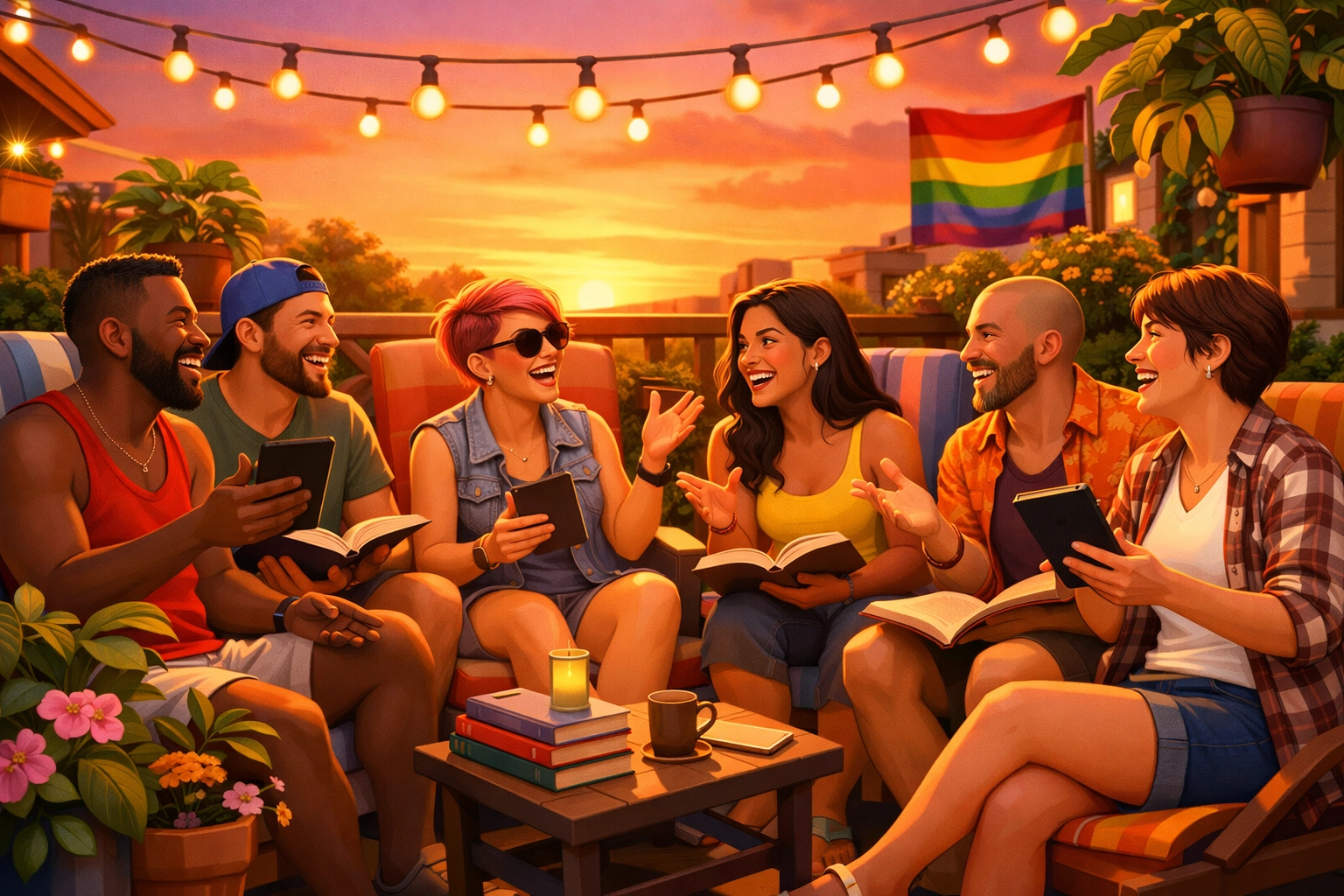 A diverse group of queer friends sharing stories and reading together at an outdoor LGBTQ+ book club meeting.