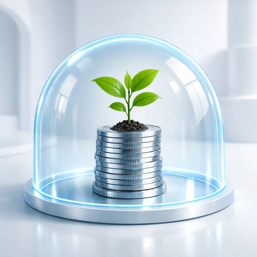 A plant growing from coins in a protective dome, showing how to roll over a 401k to protect savings.