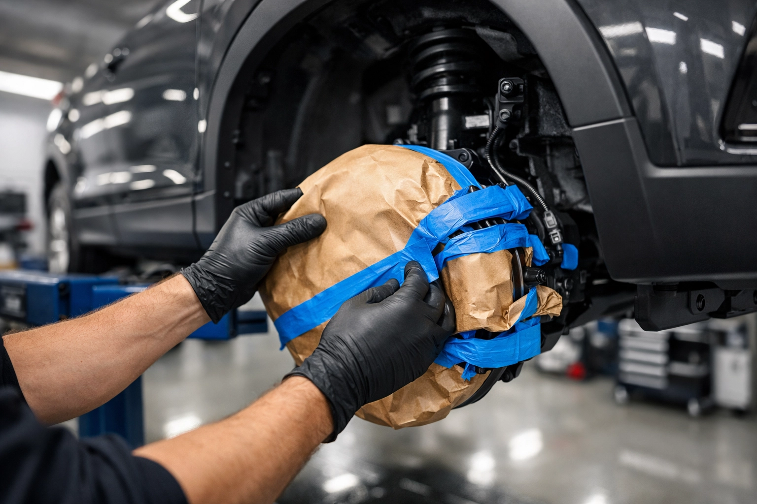 Technician masking a vehicle's brakes and sensors for professional rustproofing at a Rustec workshop.