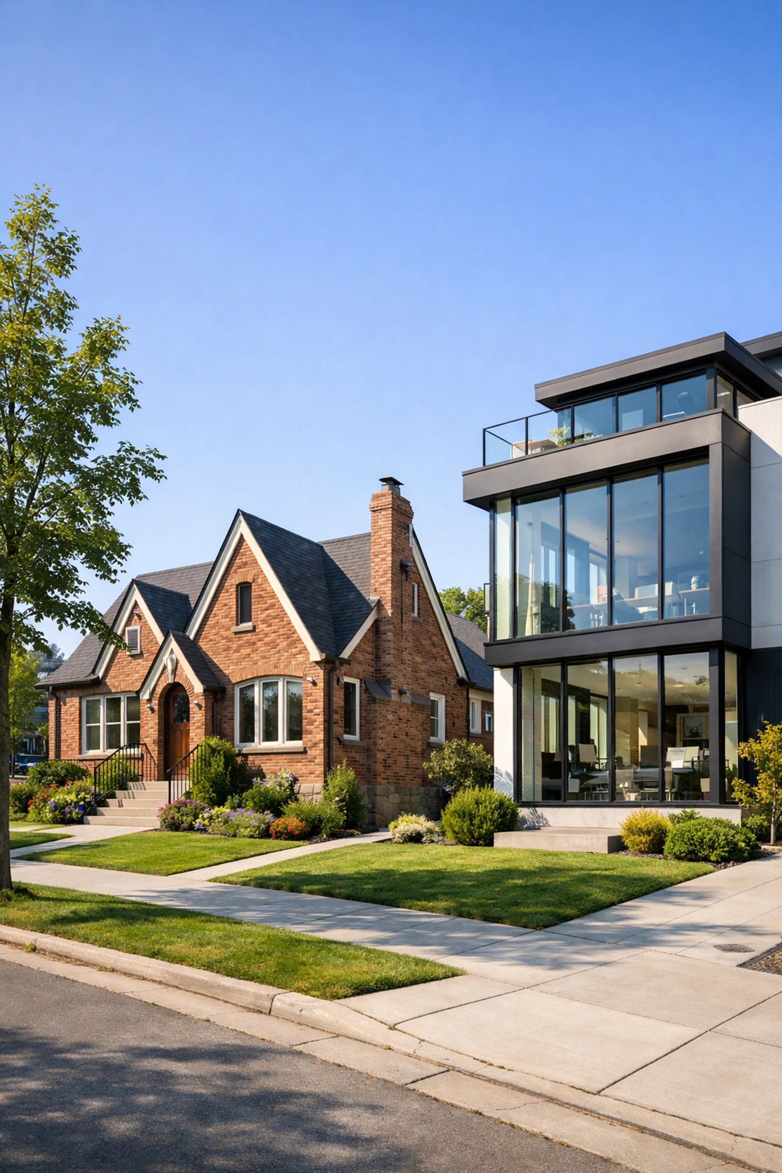 Modern townhomes and historic houses line a sunny street in the Sloan&rsquo;s Lake neighborhood of NW Denver.