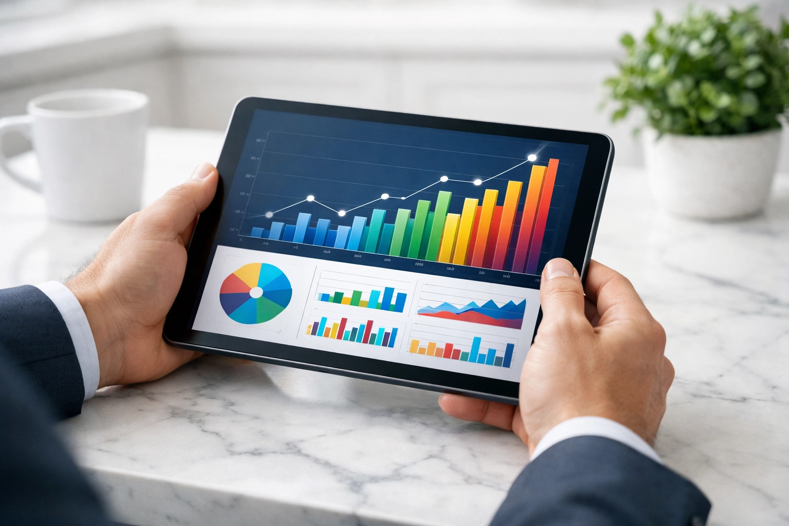 Reviewing financial charts and tax refund data on a tablet for better fiscal planning.