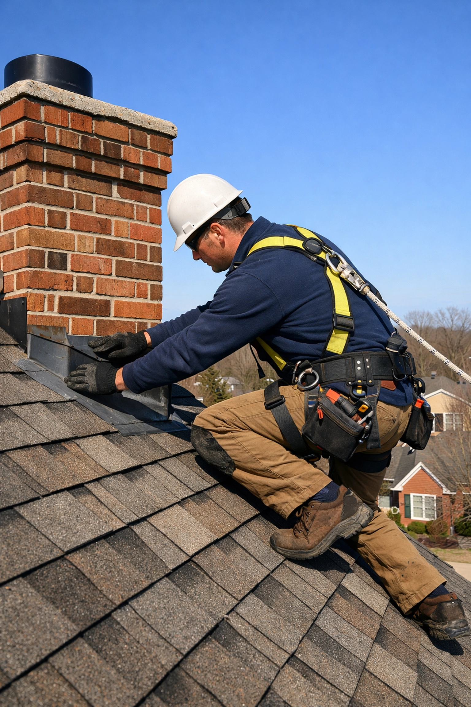 Professional roofer in safety harness inspecting chimney flashing on steep Charlotte roof