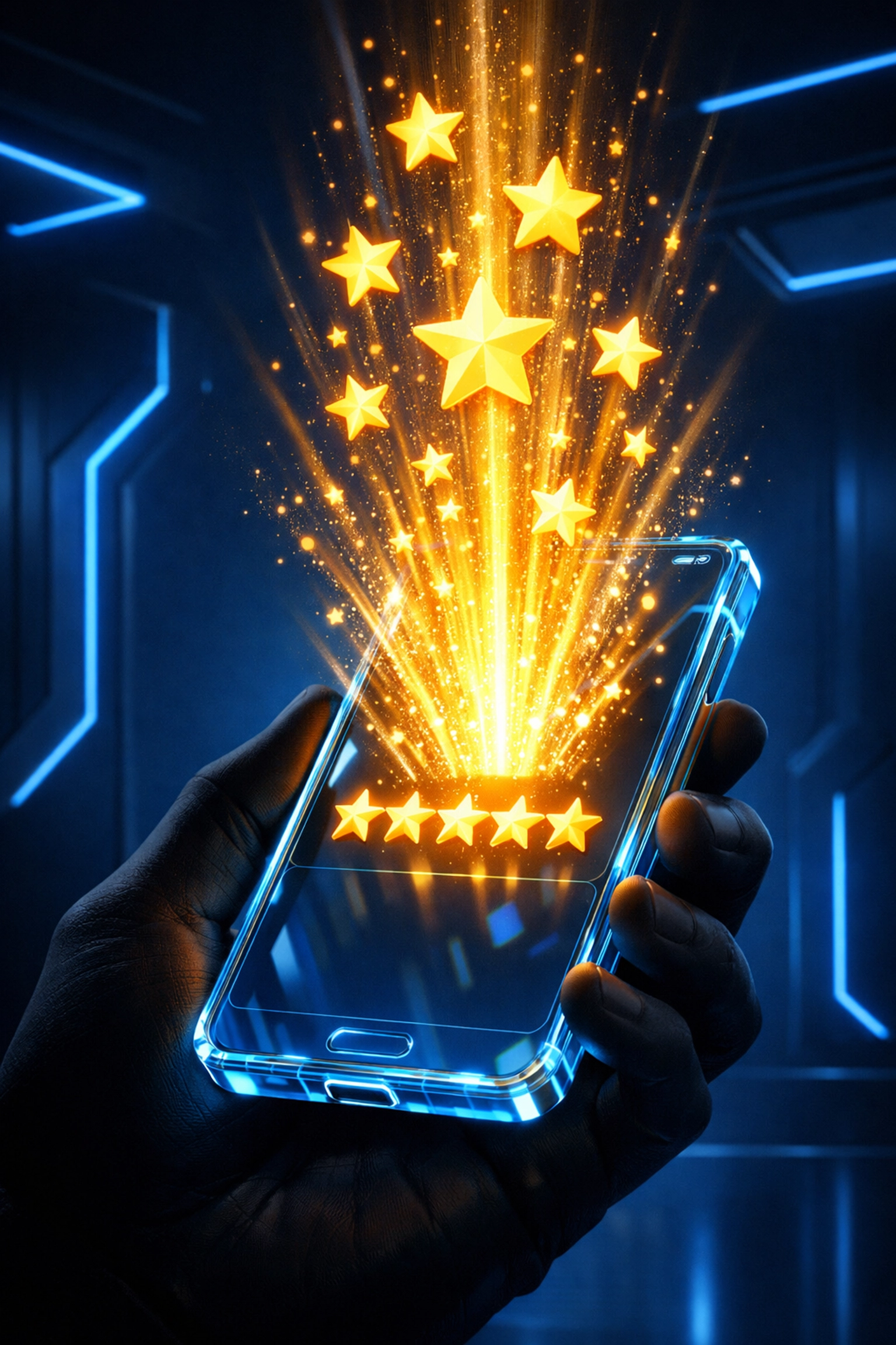 A digital smartphone with glowing stars representing successful customer review generation and engagement.