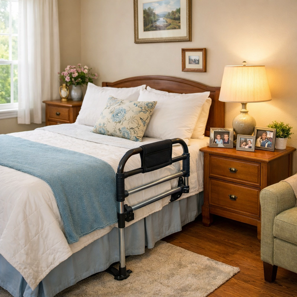 Safe bedroom with bed rails and clear pathways for aging in place