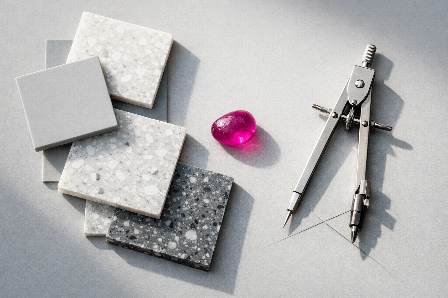 Minimalist recycled plastic material samples and drafting tools for circular economy architectural design.