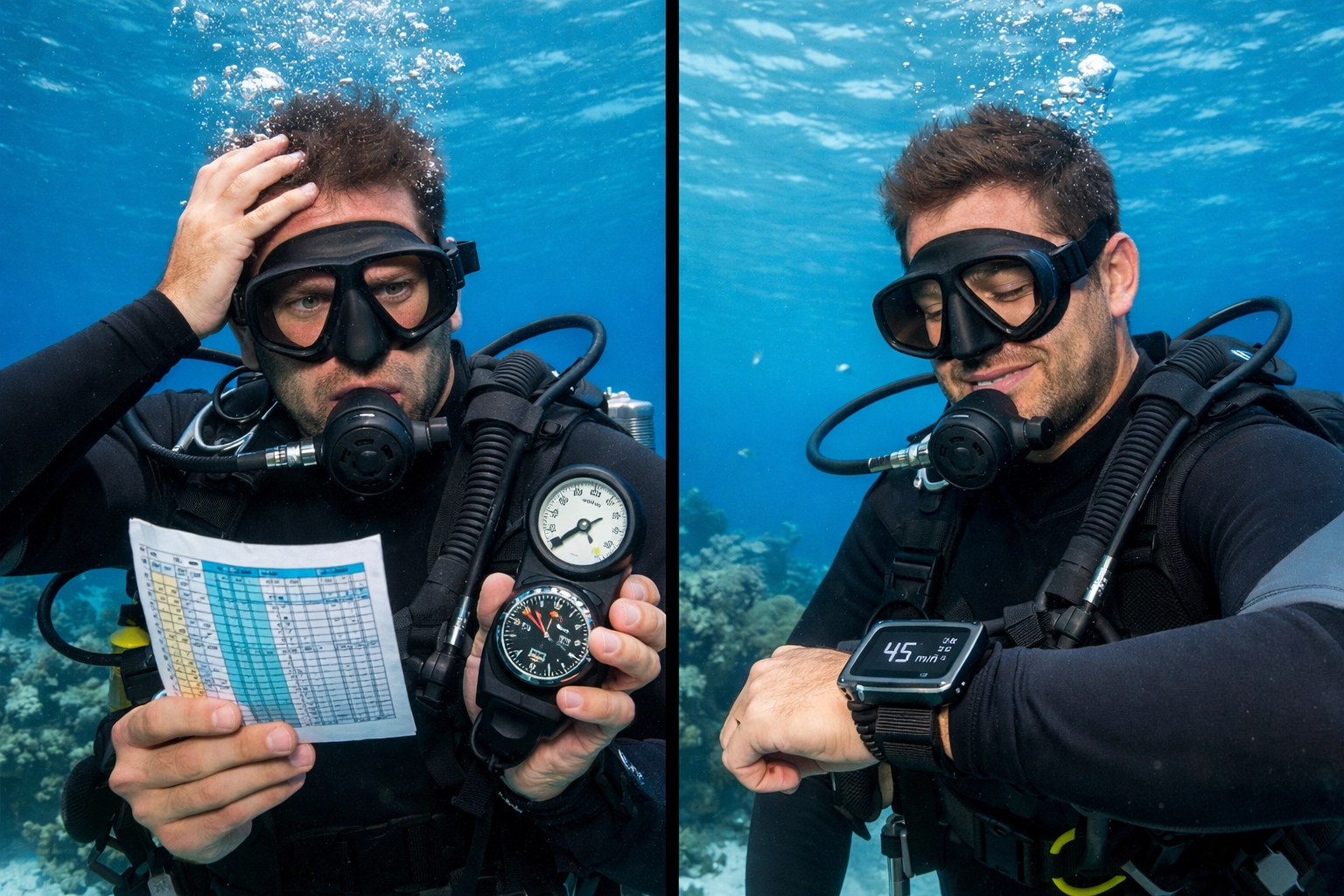Vergleich Tauchtabellen vs. moderner Tauchcomputer unter Wasser