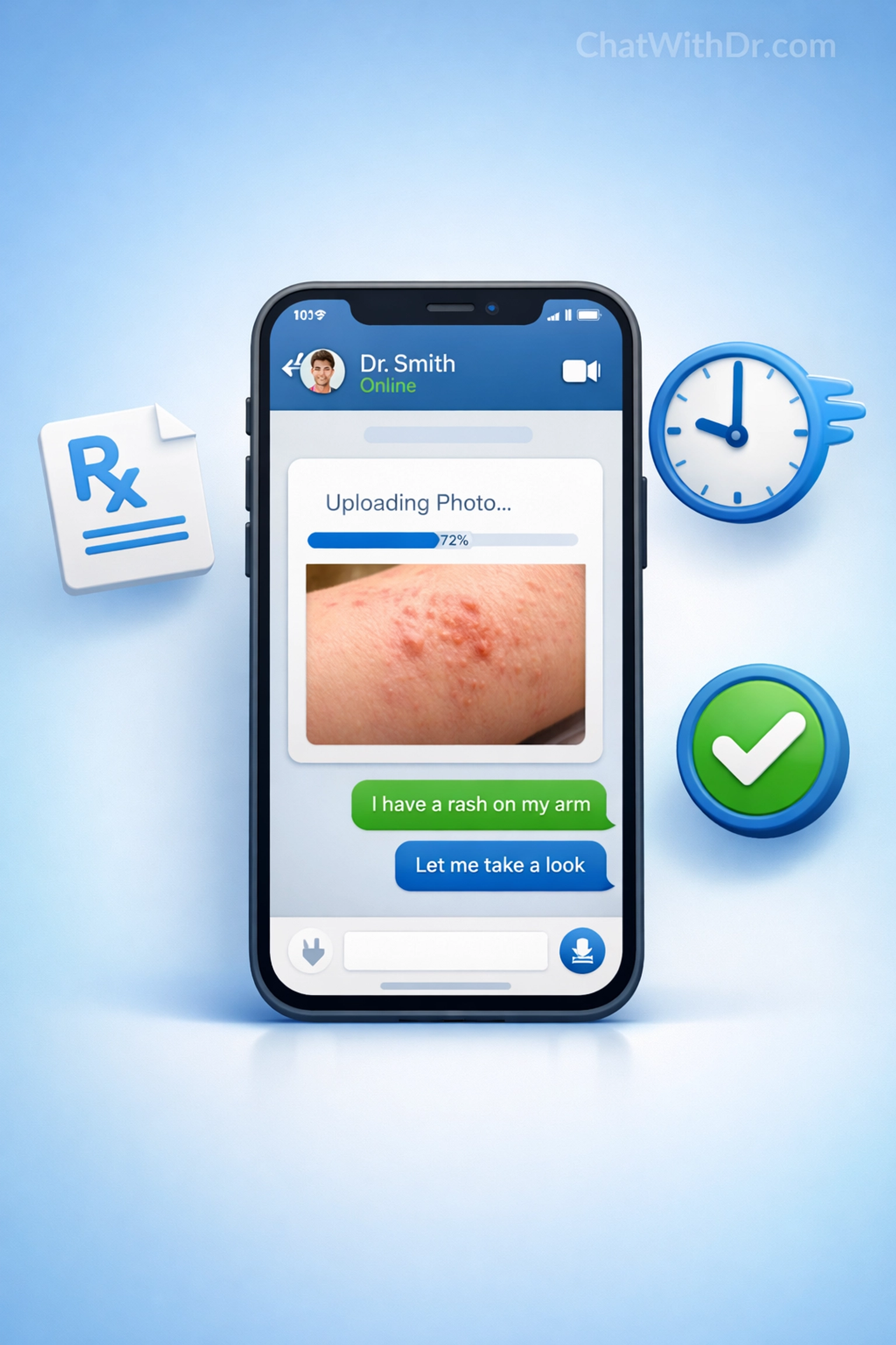 Smartphone displaying text-based dermatology consultation with fast prescription delivery