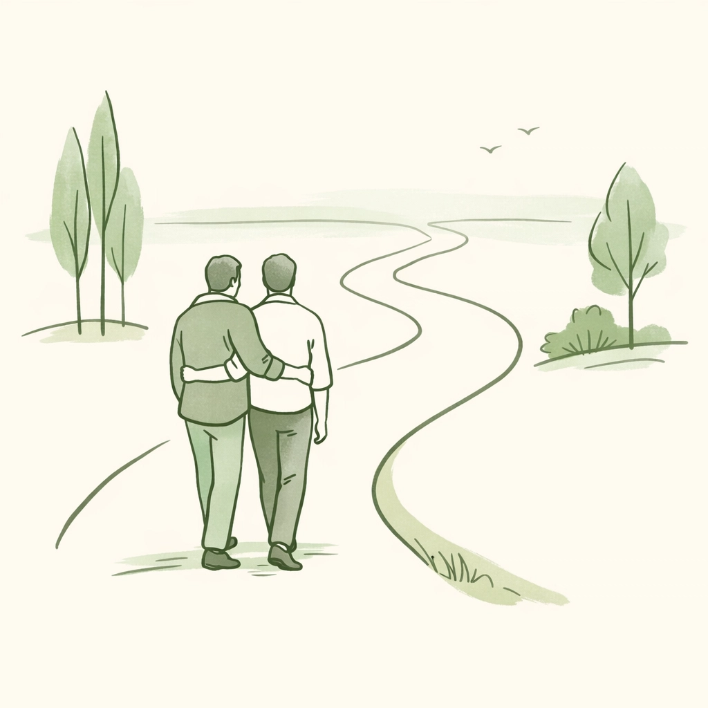 Minimalist green illustration of two men walking together on a path representing an authentic identity journey.
