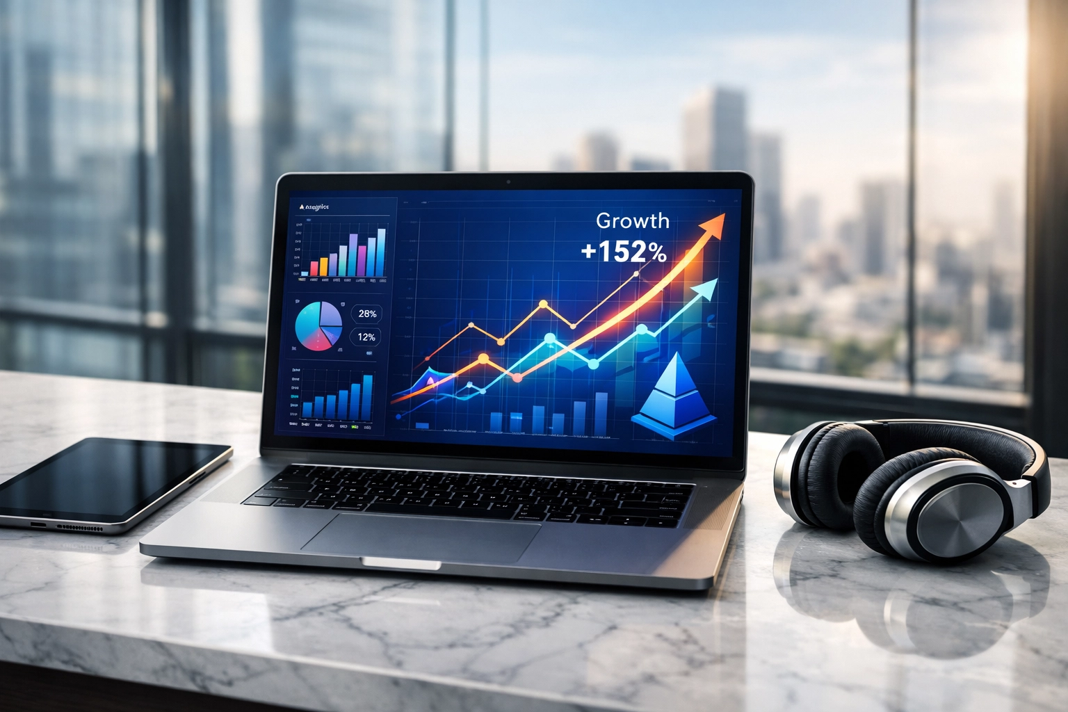Laptop displaying data analytics in a modern office, representing strategic business consulting for sports media.