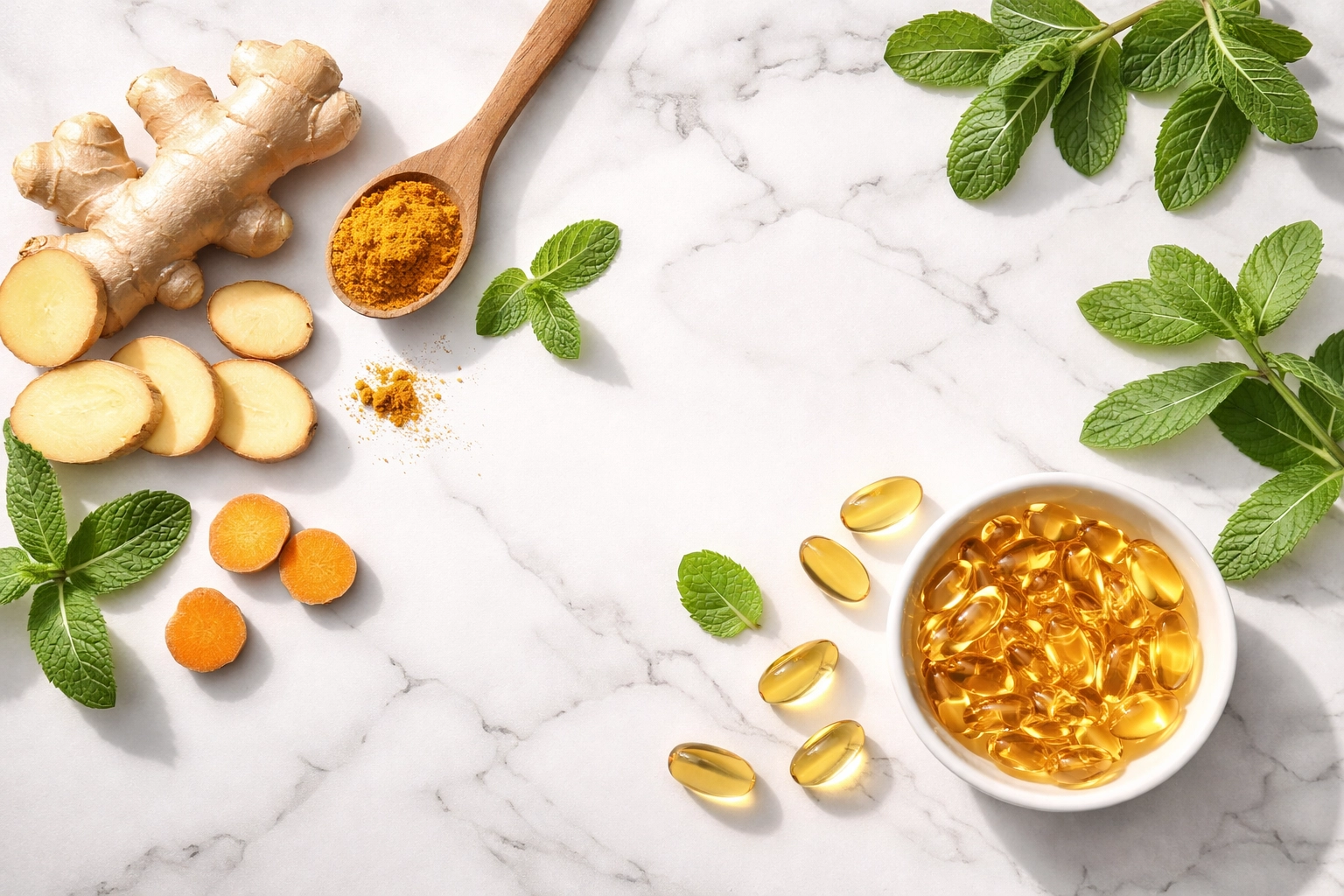 Flat lay of natural health ingredients like ginger, turmeric, peppermint, and fish oil capsules on a marble surface