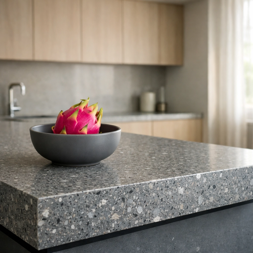 Sustainable kitchen benchtop made from Australian recycled plastic panels in a modern home.