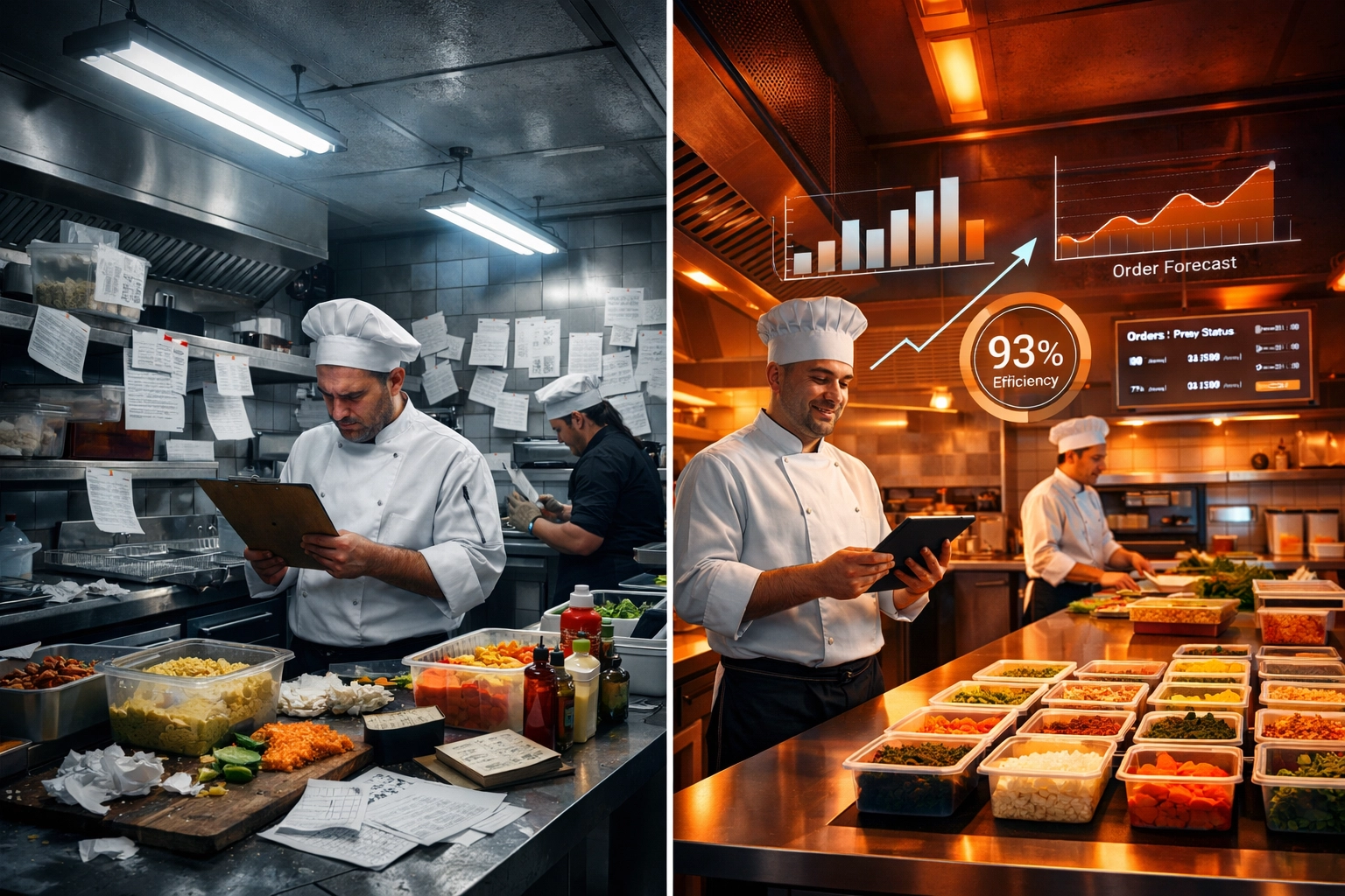 Traditional chaotic restaurant kitchen compared to optimized kitchen with predictive intelligence displays