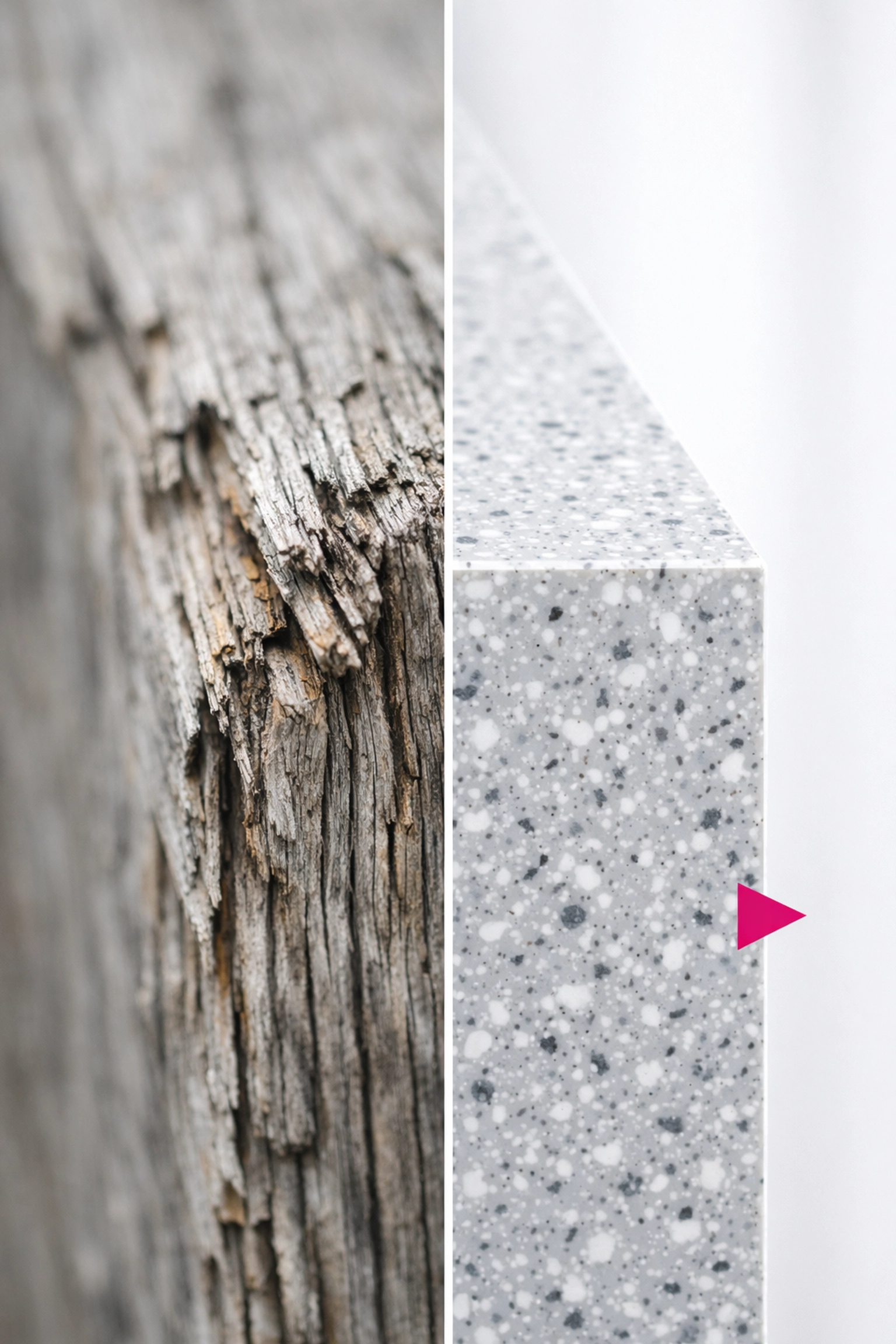 Visual comparison between weathered, splintering timber and a durable, unchanging speckled recycled plastic panel.