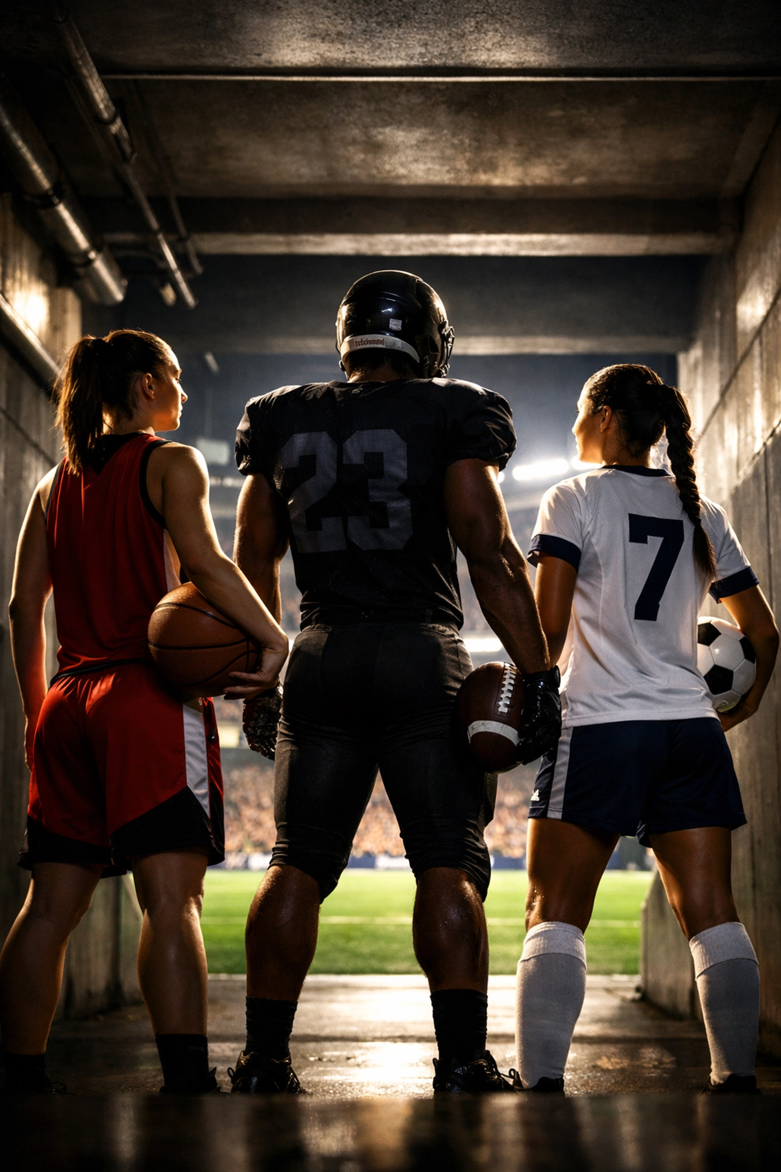 Diverse student-athletes in a stadium tunnel representing the scale of NIL partnerships for Super Bowl 2026.