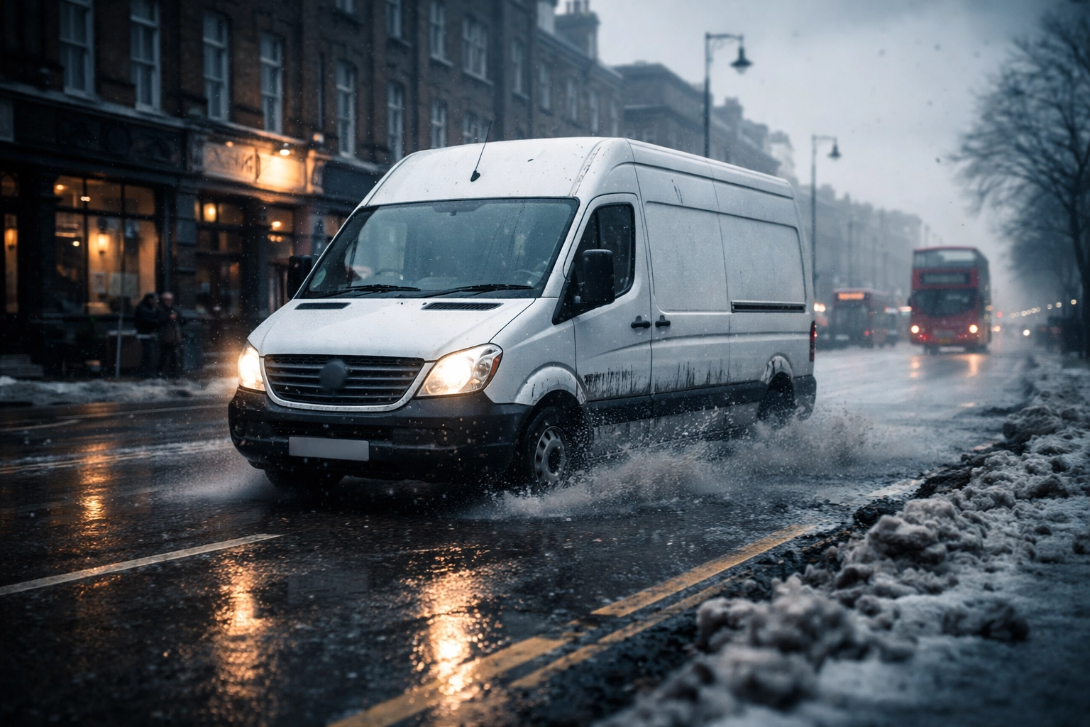 Delivery van driving through wet winter UK street with road salt and mud splashing on van underbody