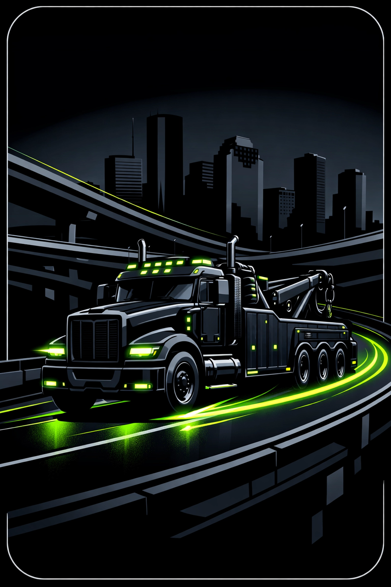 Heavy duty towing Houston wrecker truck moving through a highway interchange with city skyline view.