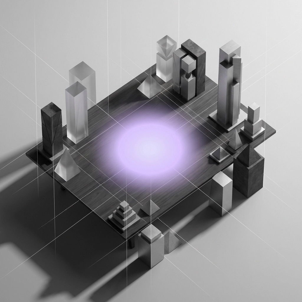 Abstract boardroom table with shapes representing GCC countries, highlighting regional AI adoption and consulting opportunities.