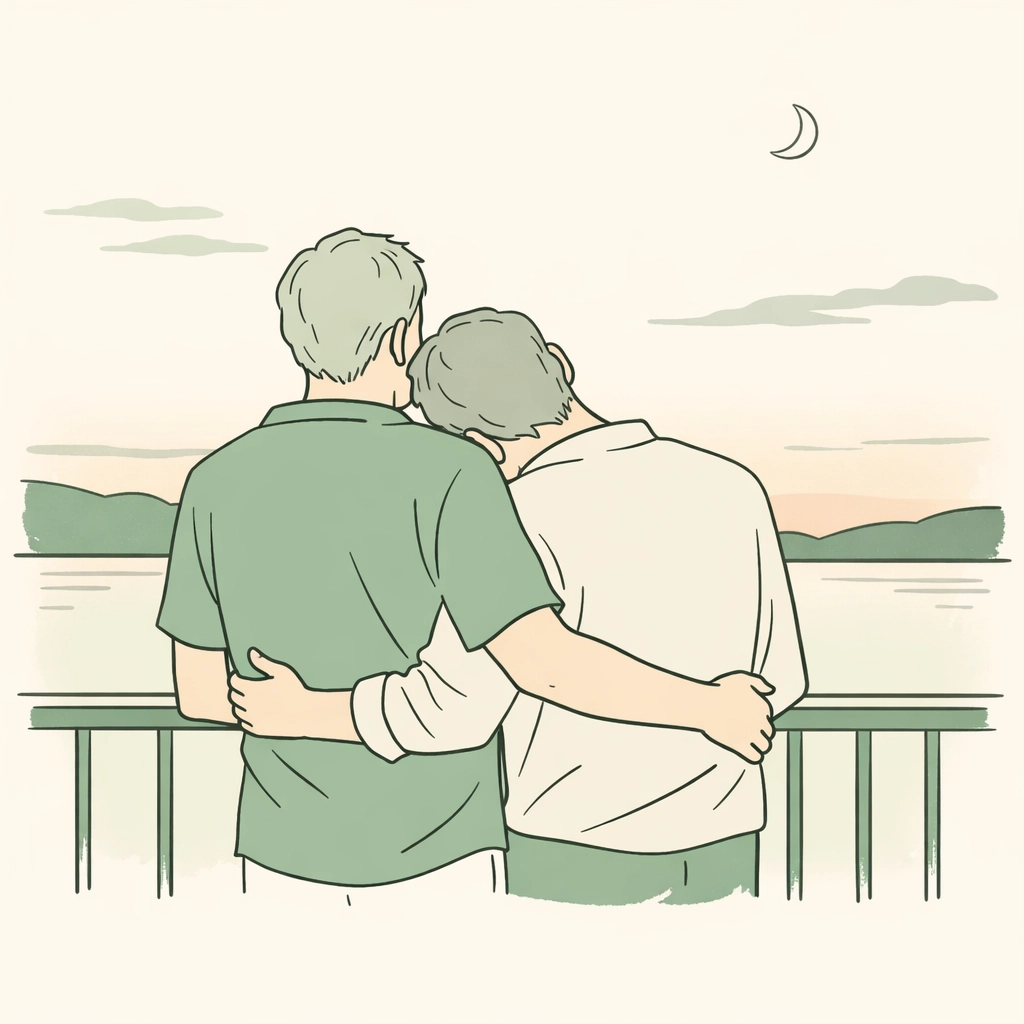 Older gay couple embracing on a balcony, reflecting late-in-life discovery in emotional MM romance.