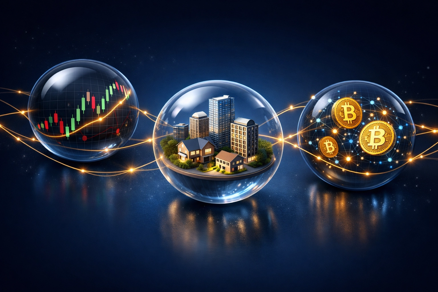 Alternative asset diversification showing stocks, real estate, and Bitcoin with low correlation