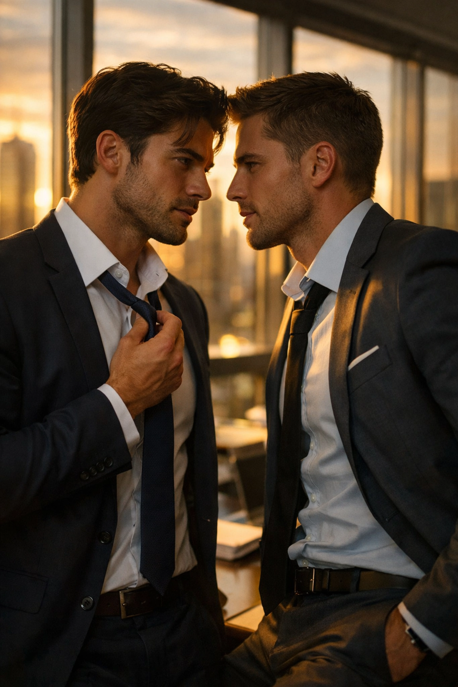 Two professional men in business attire sharing intense moment in modern glass office workplace