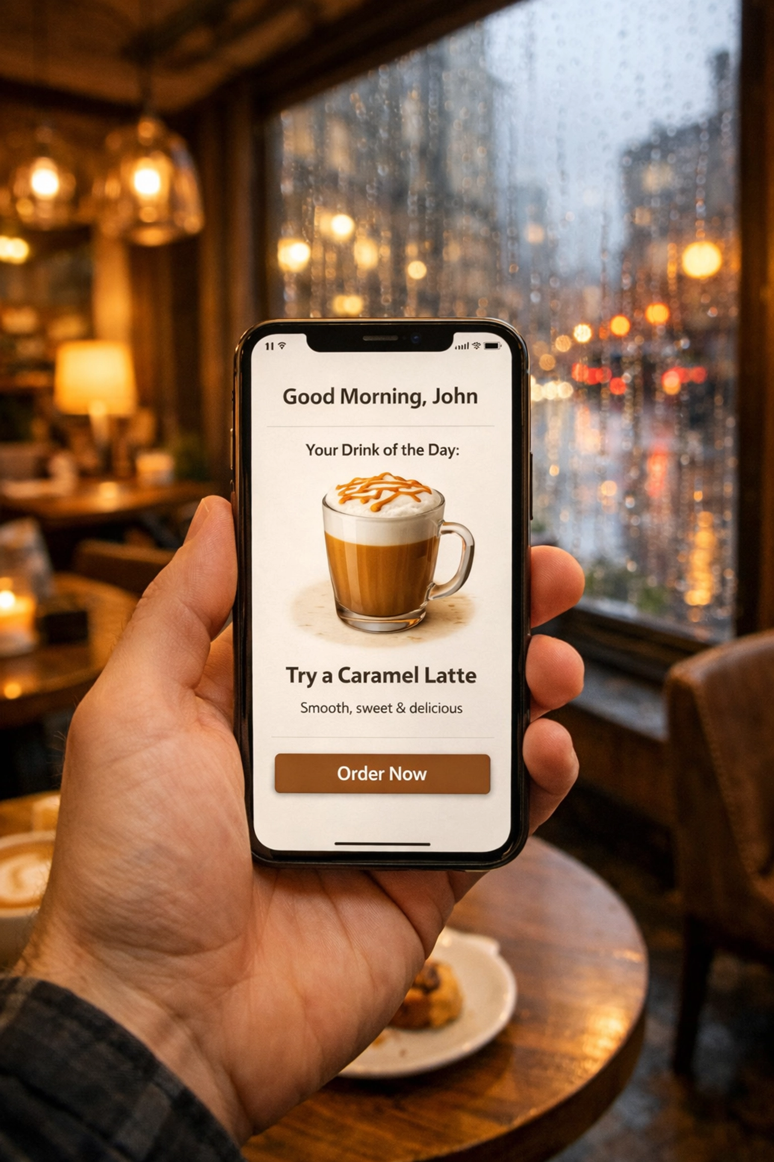 Smartphone showing a hyper-personalized notification and product recommendation in a warm cafe environment.