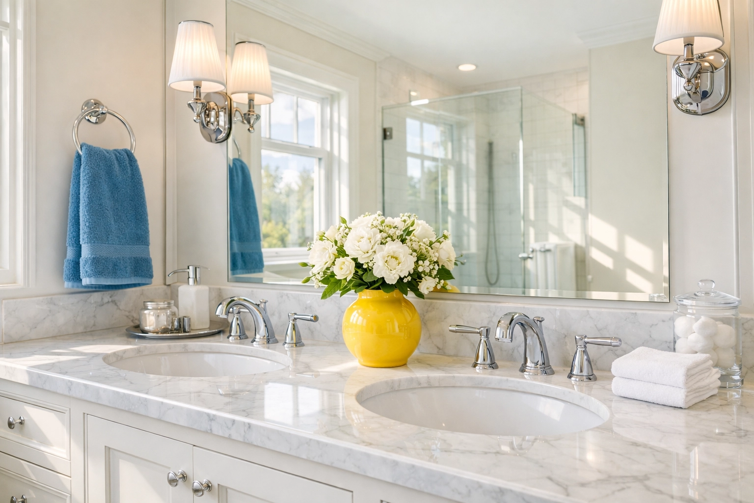 Spotless bathroom vanity and gleaming fixtures highlighting professional home cleaning in Lunenburg.