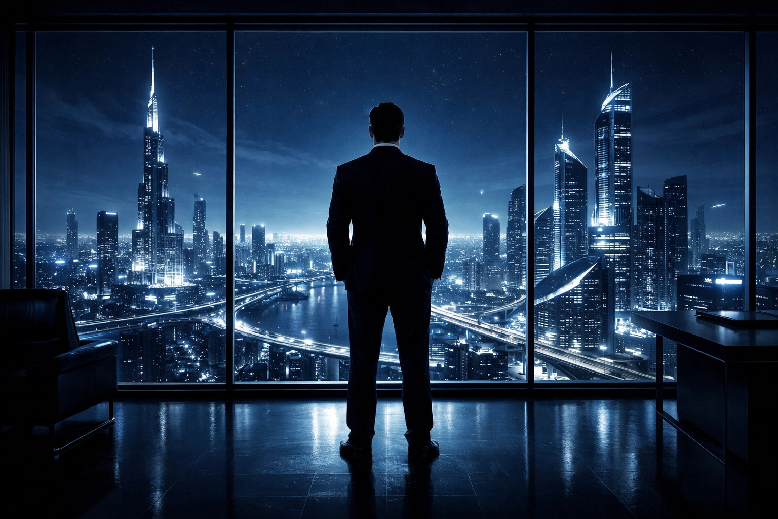 Business professional looking over a city skyline symbolizing local search dominance and market authority.