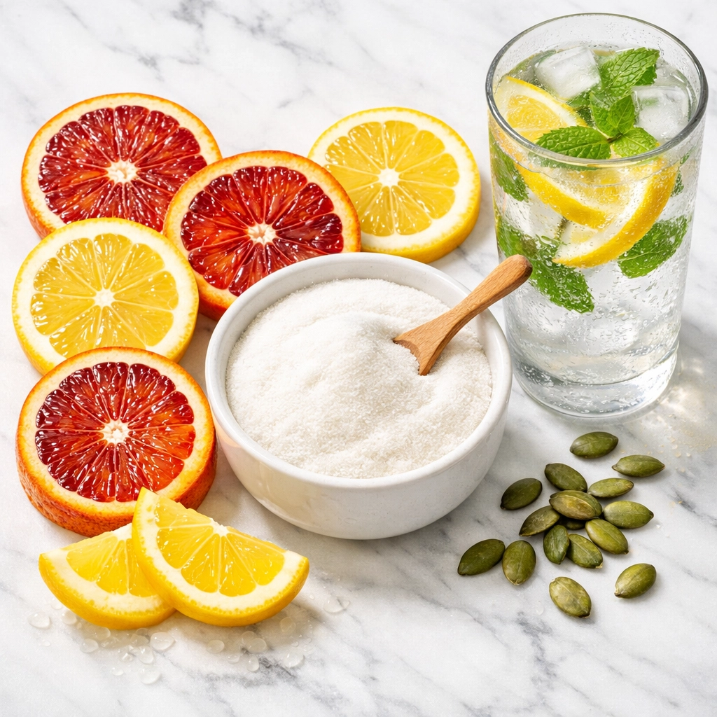 Collagen powder with citrus fruits, illustrating the synergy between Vitamin C and collagen for optimal health results.