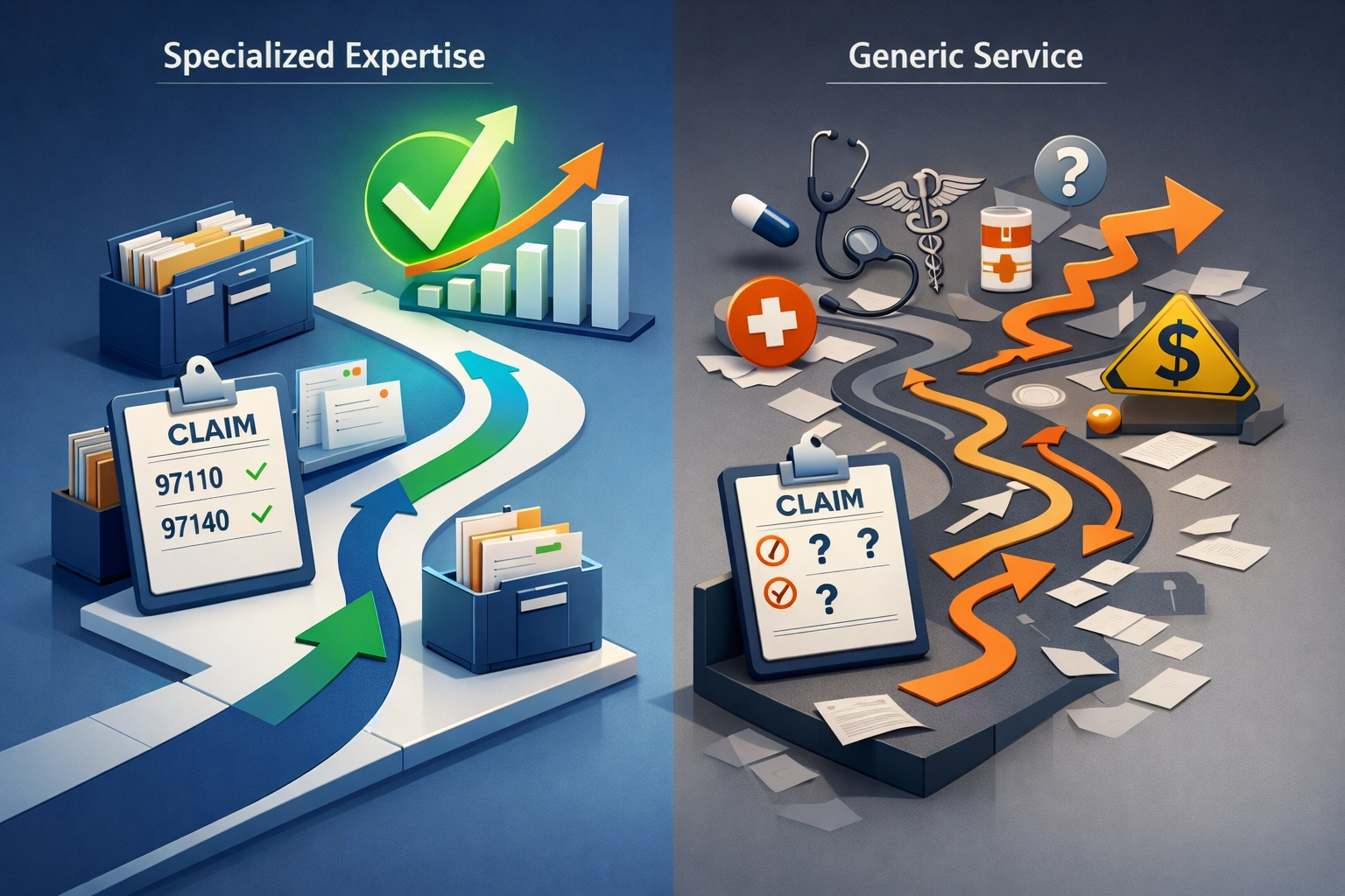 Specialized therapy billing workflow versus generic medical billing showing clean claims