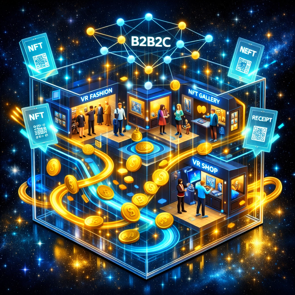 Larecoin B2B2C metaverse ecosystem with NFT receipts, crypto tokens, and connected payment network