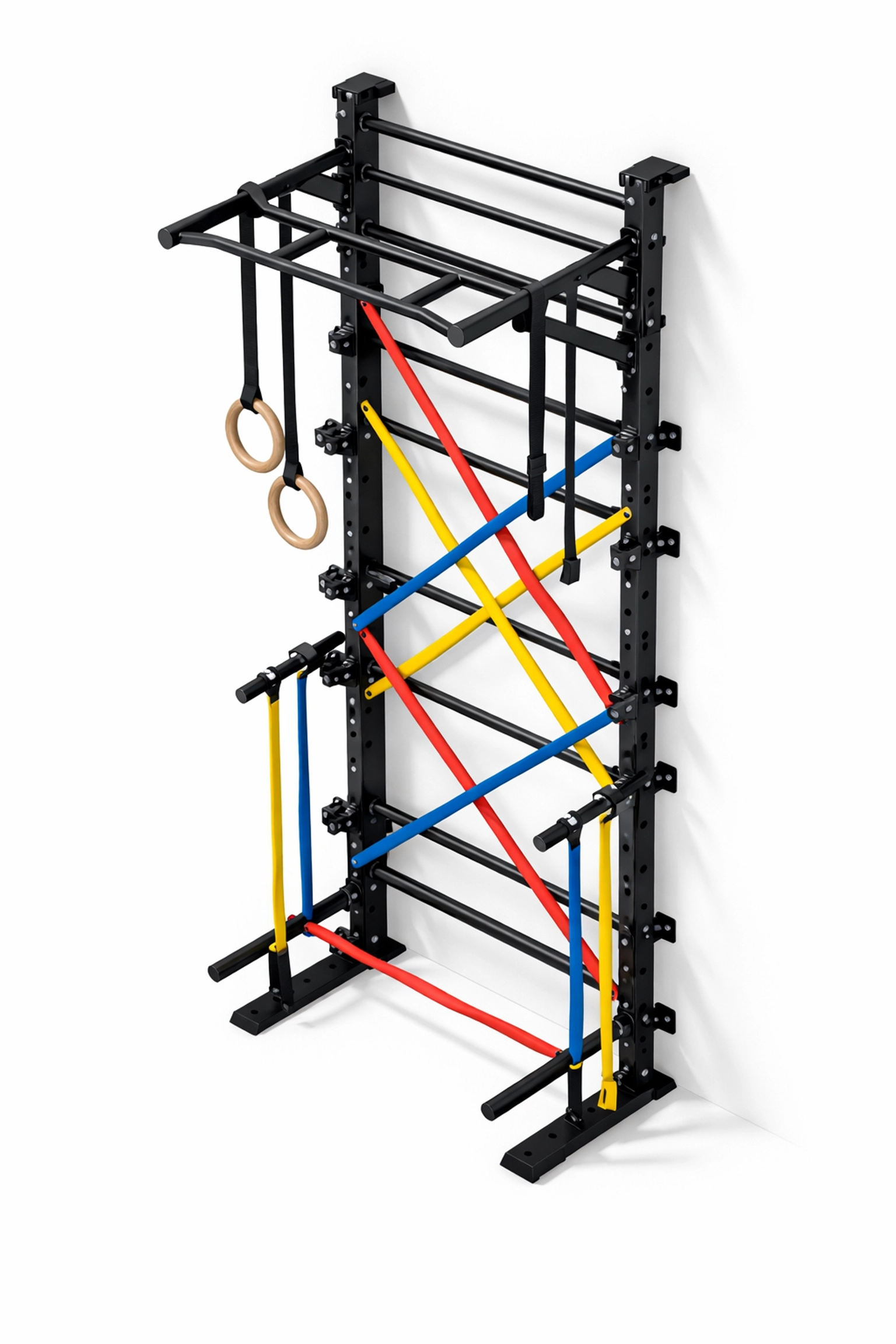 Versatile floor to ceiling gym with resistance bands, rings, and pull-up bar attachments