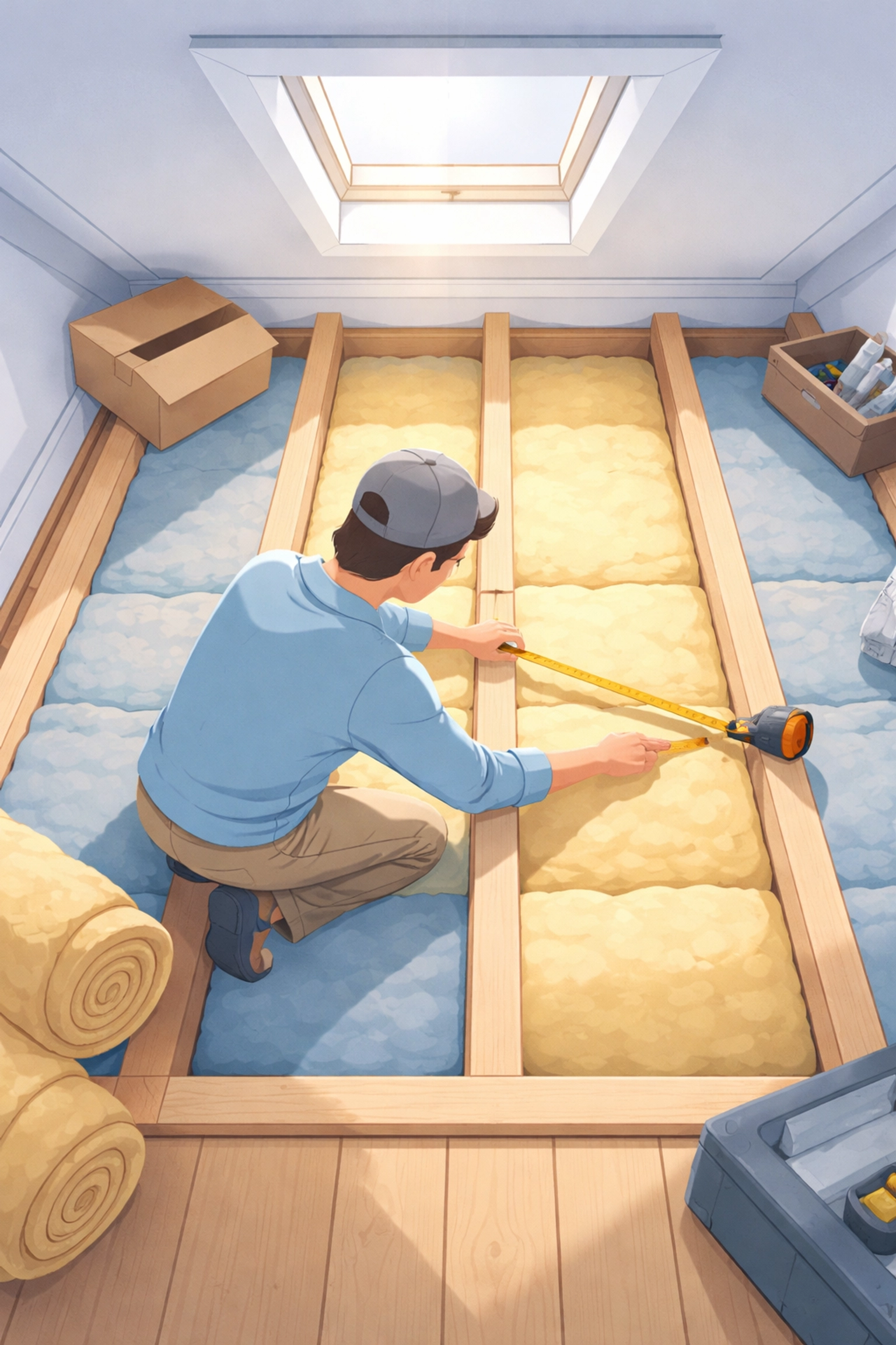 Person measuring loft insulation depth in attic, representing professional survey and compliance checks