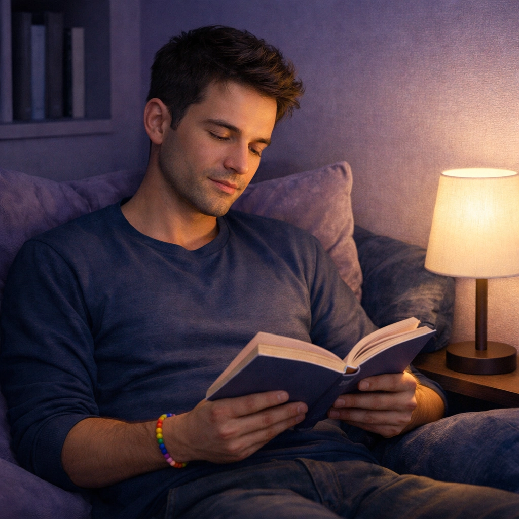 A young man reading in a cozy nook, using books and bibliotherapy as part of his queer healing journey.