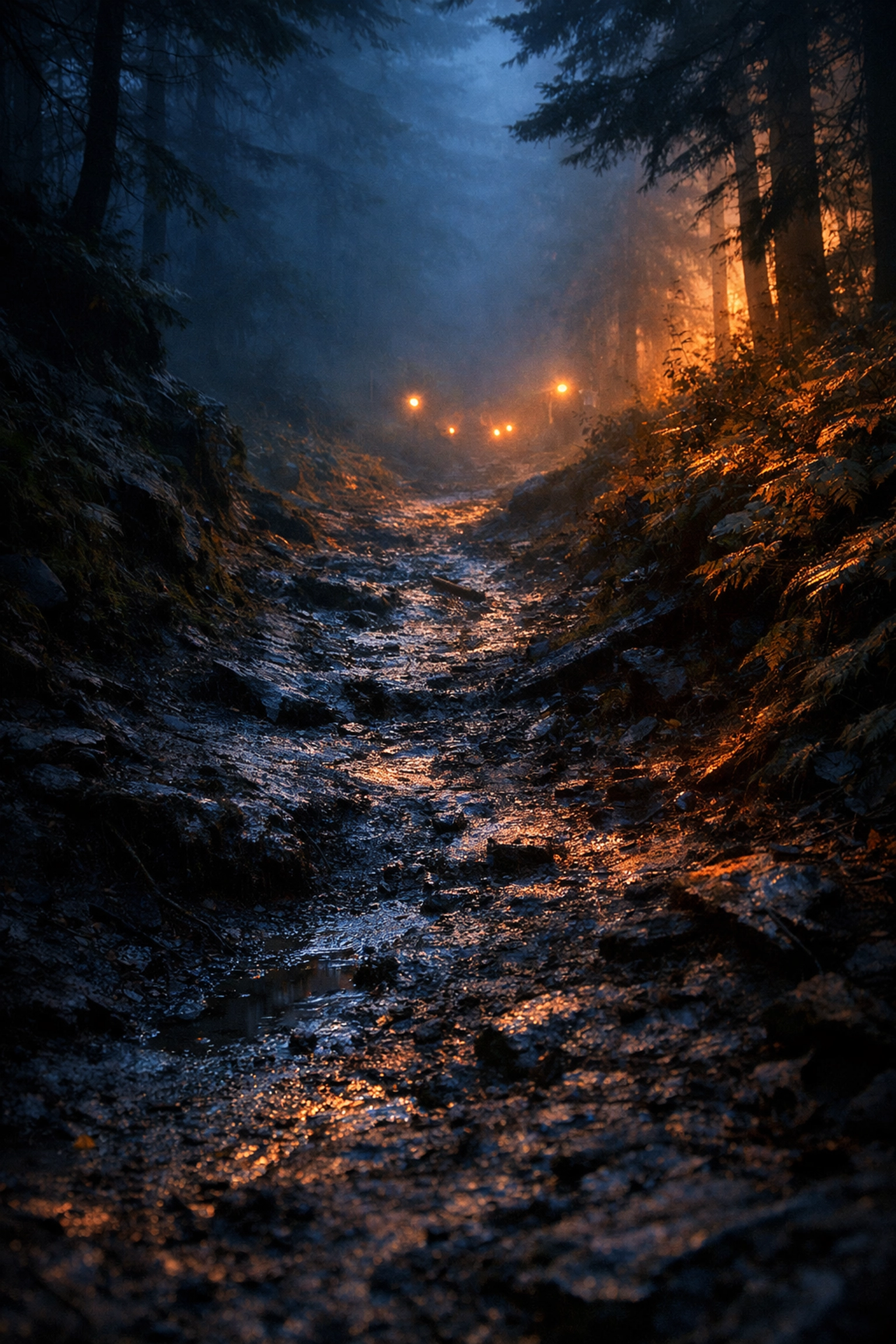 Winding forest path through darkness toward light representing journey to authentic happiness