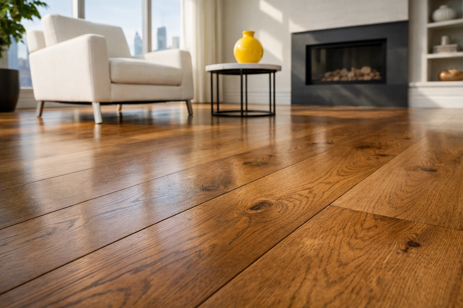 Professional hardwood floor refinishing results in a sunlit modern Chicago living room.