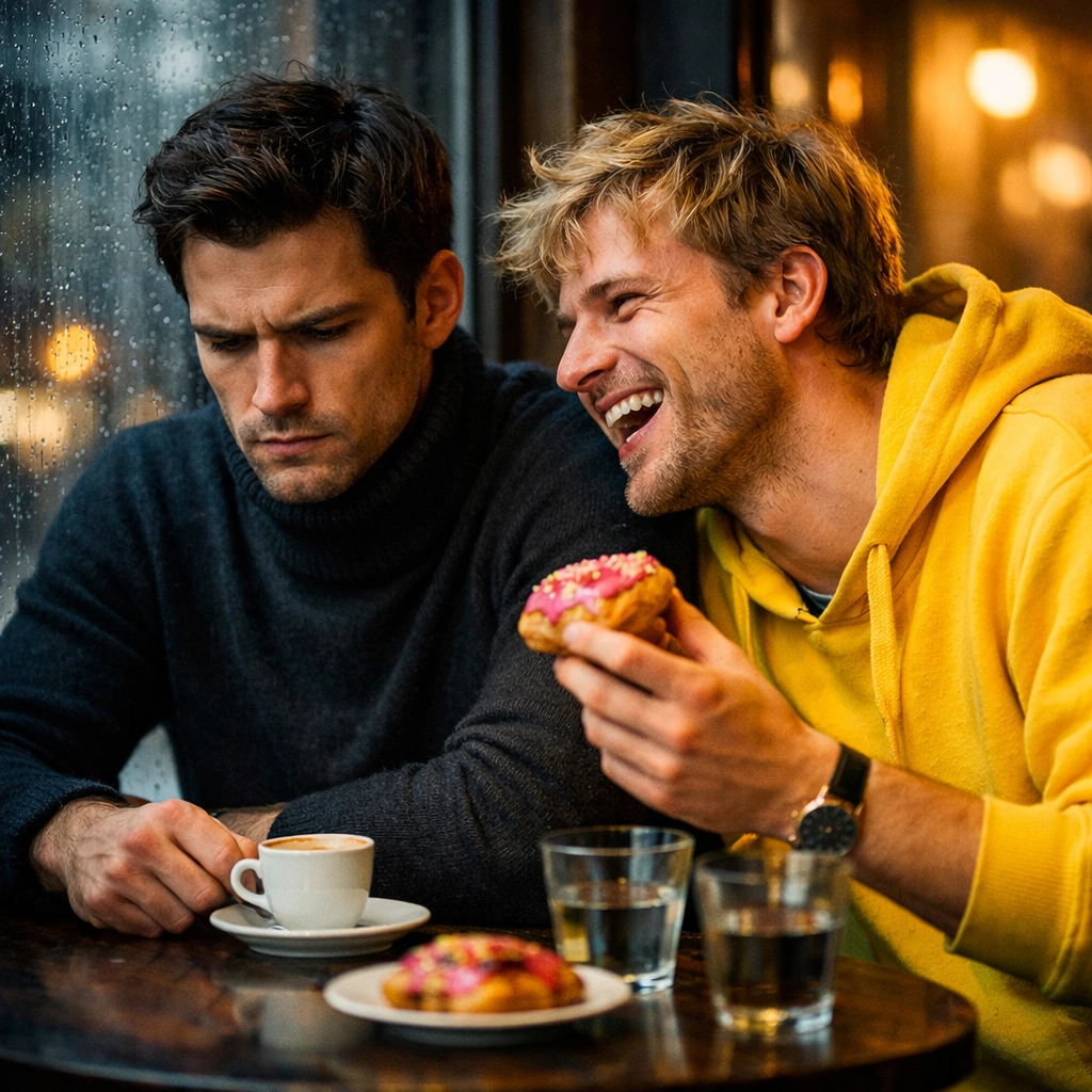 A brooding man and his laughing partner in a cafe, capturing the grumpy x sunshine MM romance dynamic.