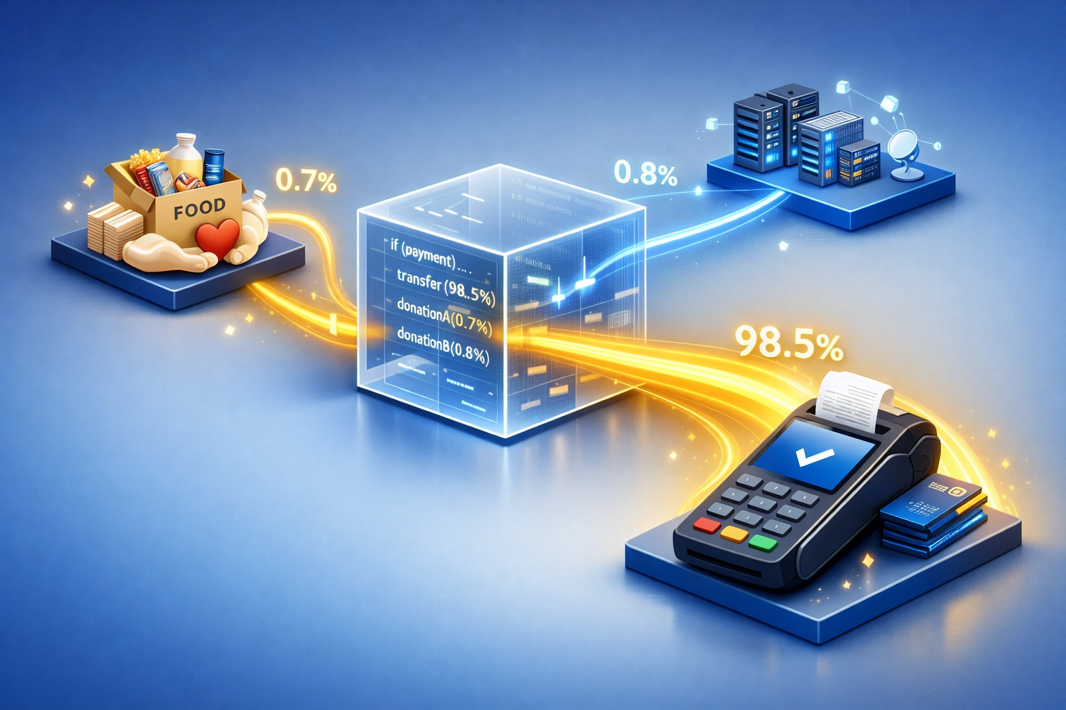 Smart contract splitting Larecoin payment into hunger relief, network operations, and merchant payment streams