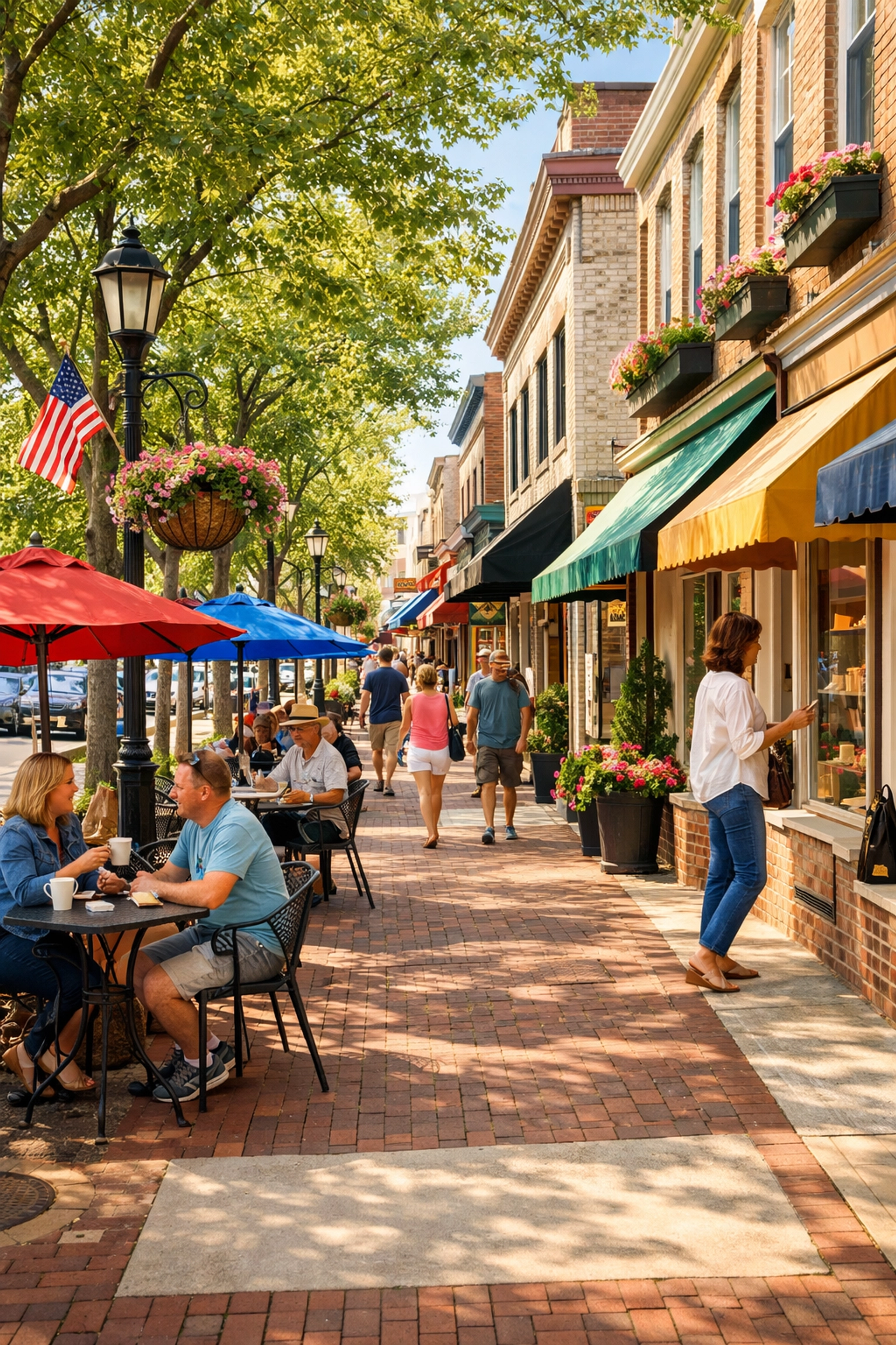 Walkable downtown South Jersey main street with shops, cafes, and tree-lined sidewalks